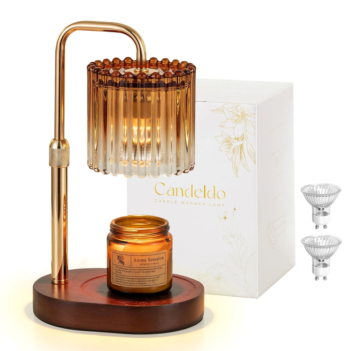 Candeldo amber glass candle warmer lamp — product listing photo Candeldo amber glass candle warmer lamp with wooden base and spare bulbs