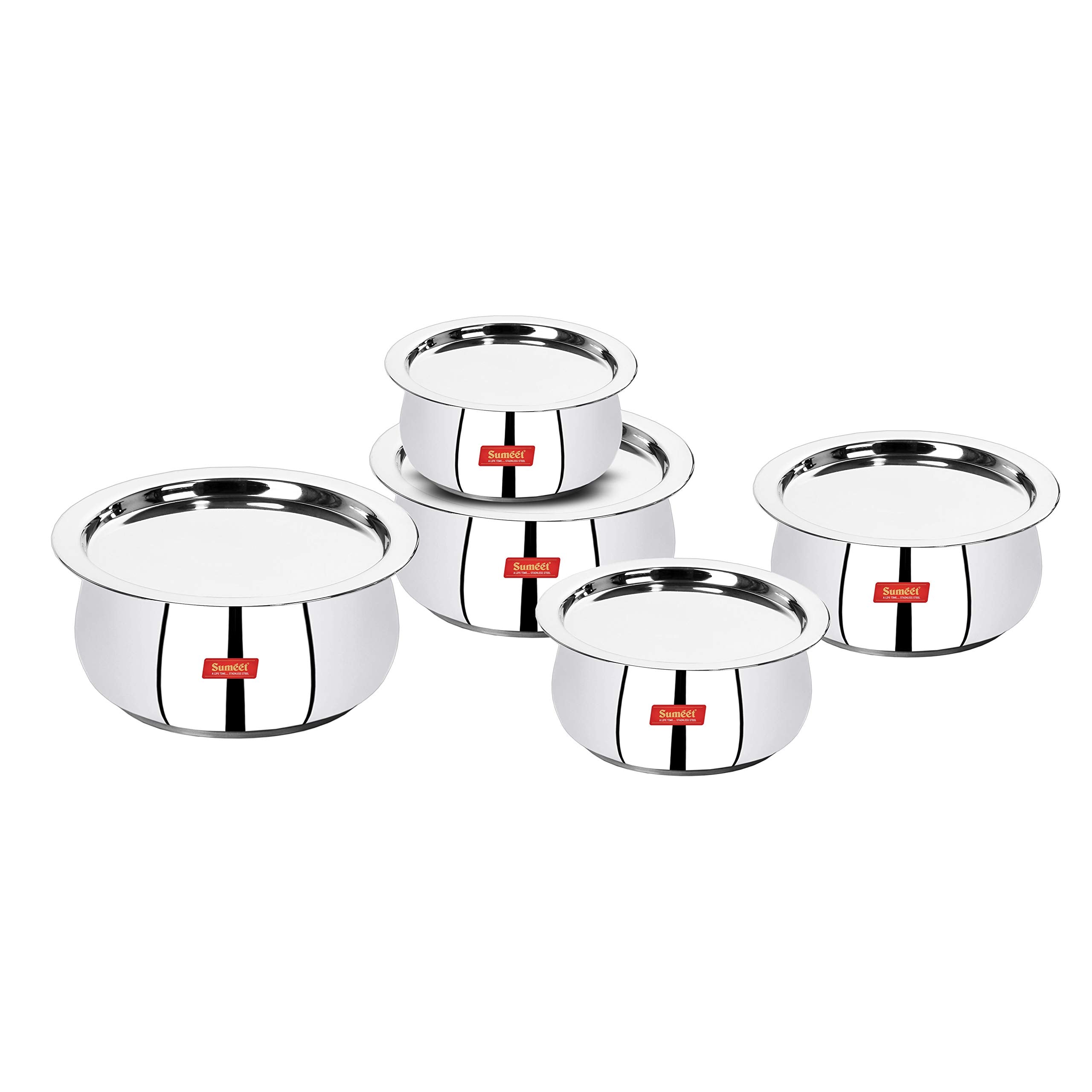 Sumeet 5 Pcs Stainless Steel Induction & Gas Stove Friendly Belly Shape Container Set/Tope/Cookware Set With Lids Size No.10 & N