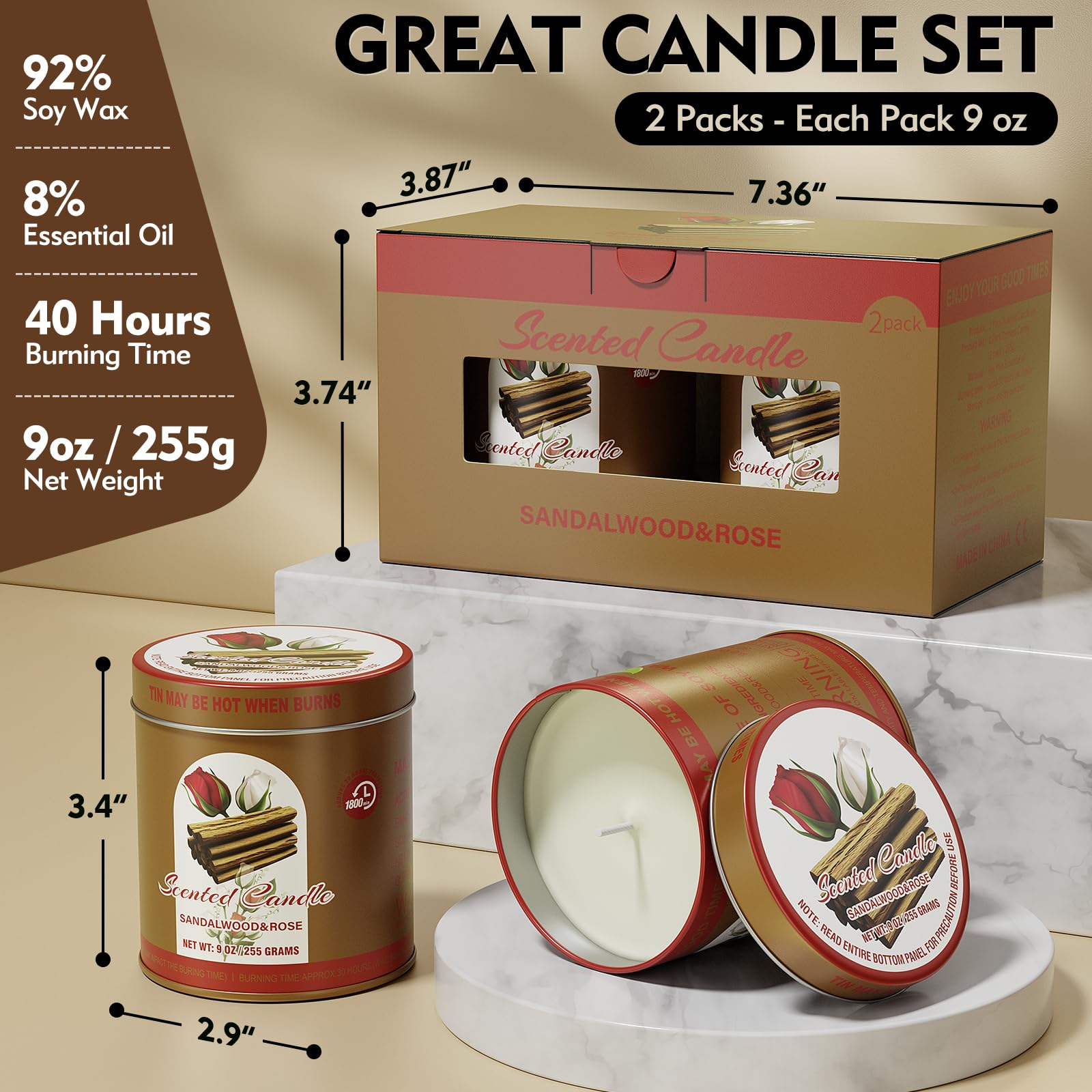 2 Pack Scented Candles (90 Total Burn Hours) - Soy Wax Candles 9 oz Each in Tin - Long Lasting Aromatherapy Candle Gift Set (San