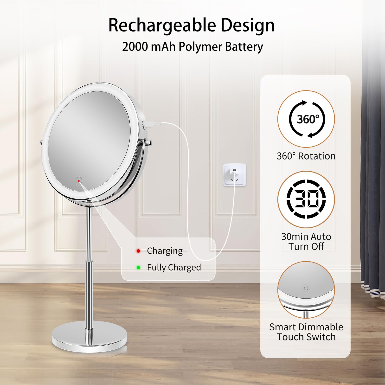 8   Large Makeup Mirror with Lights,1X/10X Rechargeable True Height Adjustable HD Magnifying Mirror with 3 Color Dimmable Lights