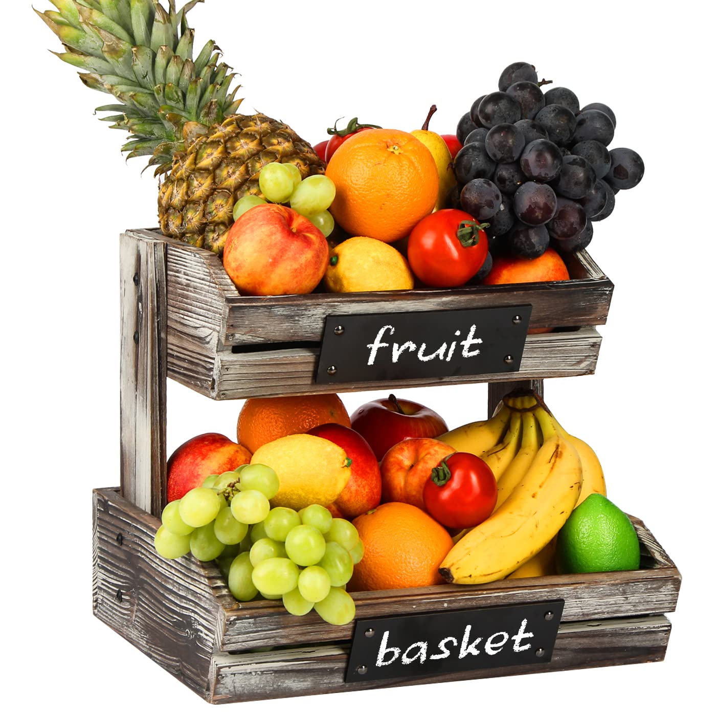 Jackcube Design 2 Tier Fruit Basket Holder, Rustic Wood Fruit Bowl Stand Kitchen Counter Storage With Chalkboard For Bread, Snac