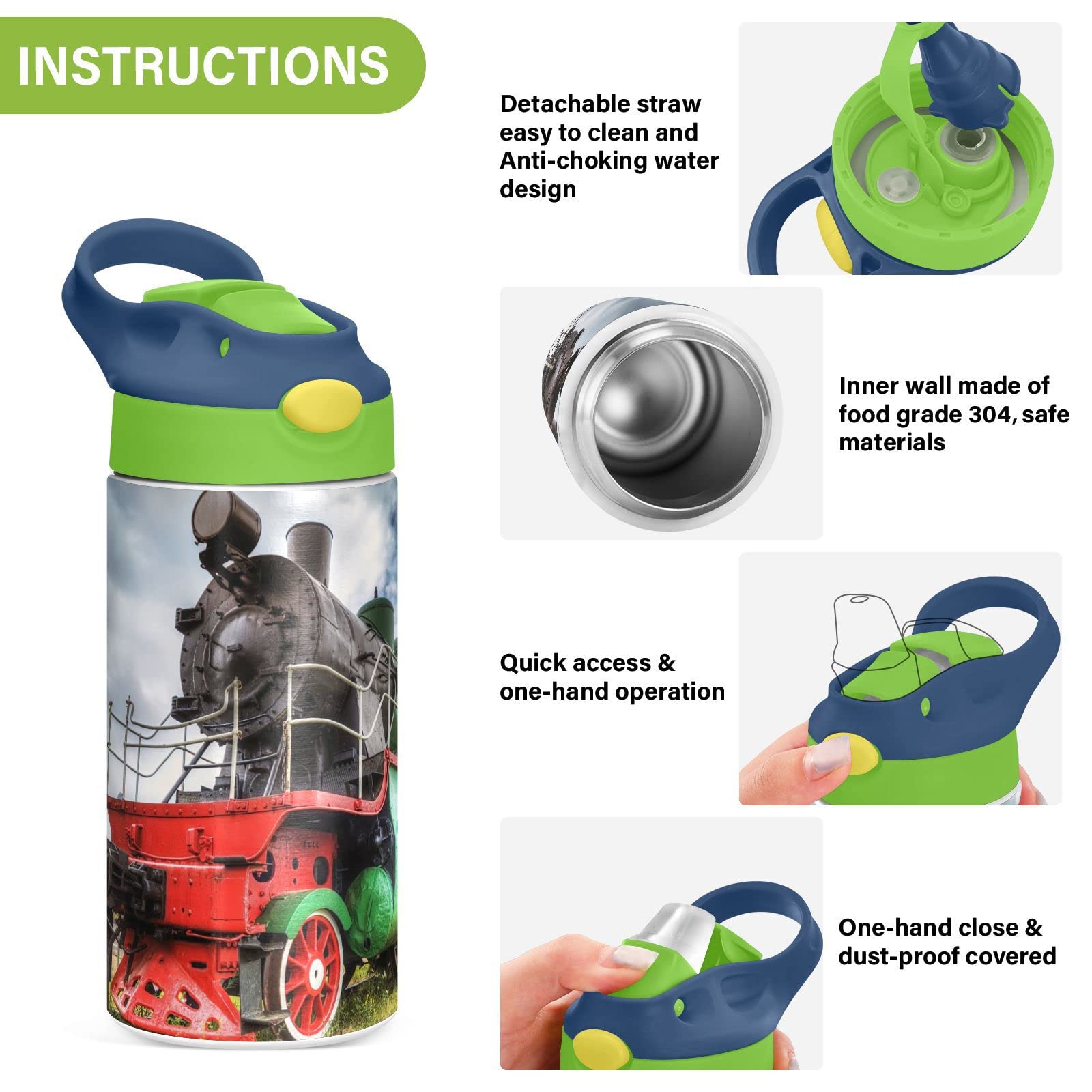 Boccsty Locomotive Train Kids Water Bottle With Straw Lid Insulated Stainless Steel Reusable Tumbler For Boys Girls Toddlers 12