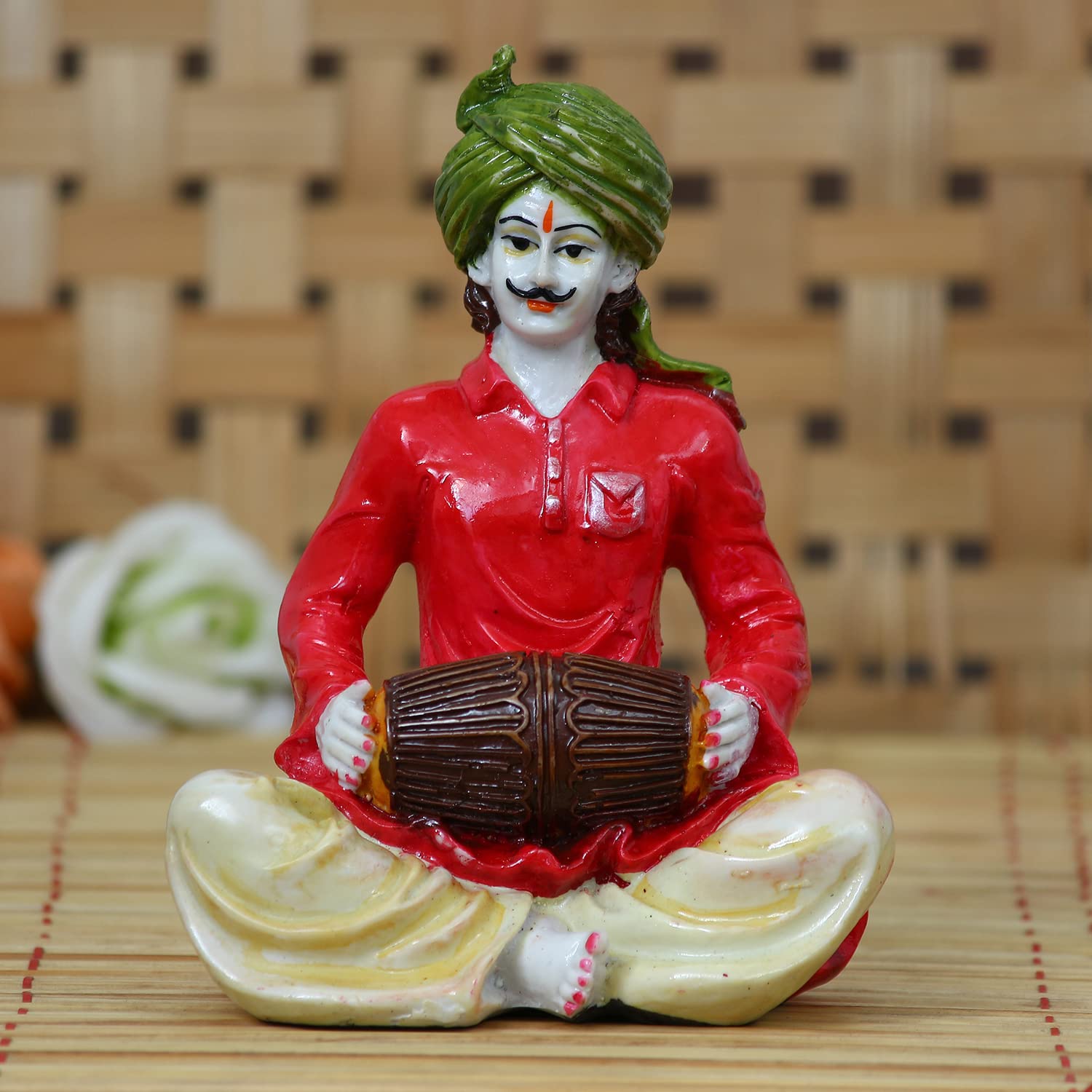 Ecraftindia Rajasthani Lady Playing Dholak Showpiece Polyresin Statue (11.25 Cm X 7.5 Cm X 15 Cm, Green And Orange)