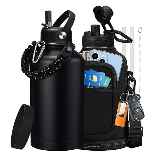 64 oz Insulated Water Bottle with Straw & Auto Spout Lids  Paracord Handle  Half Gallon Waterbottle Strap Carrier & Protective Boot  Wide Mouth Metal Canteen Thermo Mug  Leak-proof Sports Hydro Jug