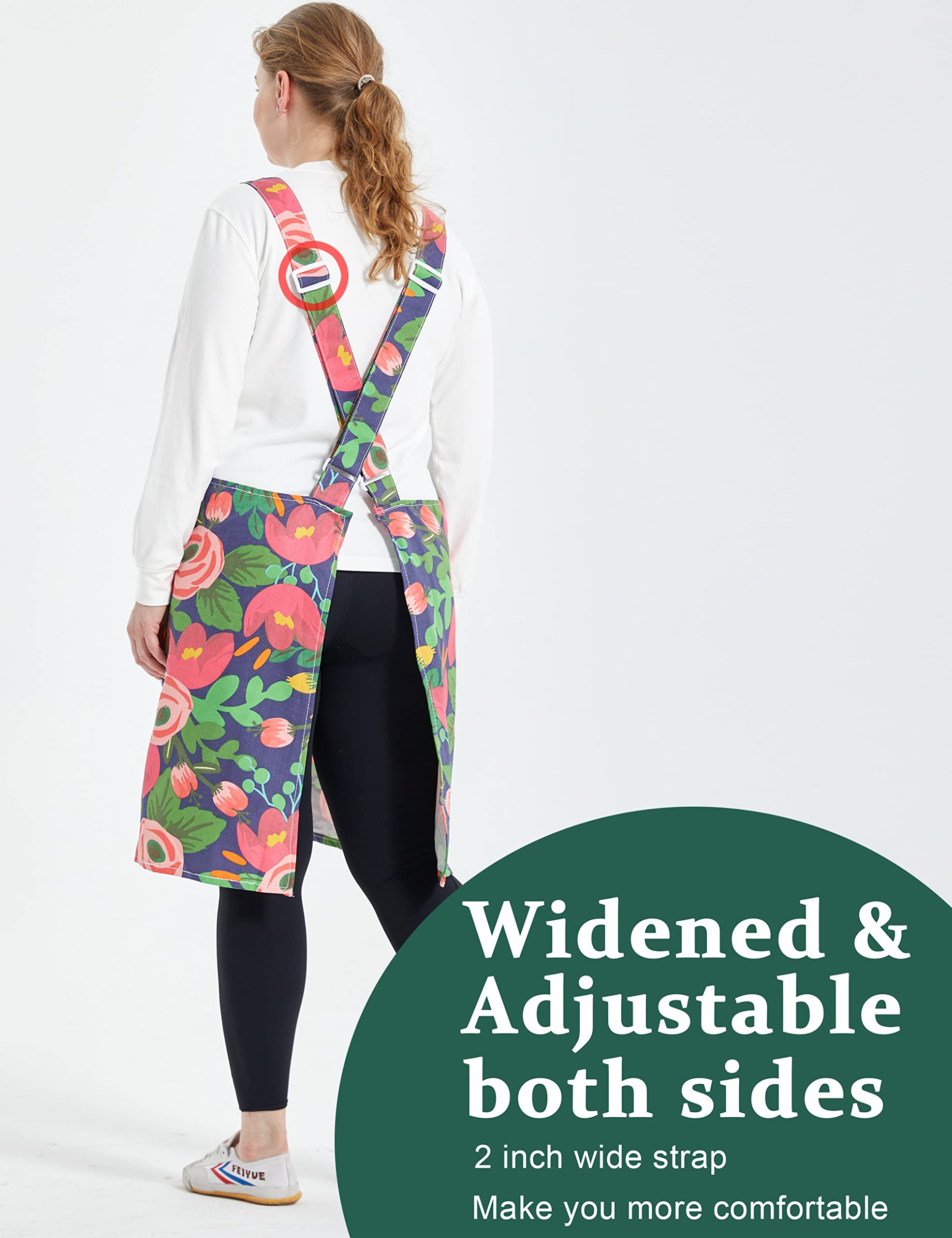 APRONNER Cross Back Plus Size Linen Aprons for Women with Pockets Blend Dress for Baking Cooking Gardening Works Red Tulips