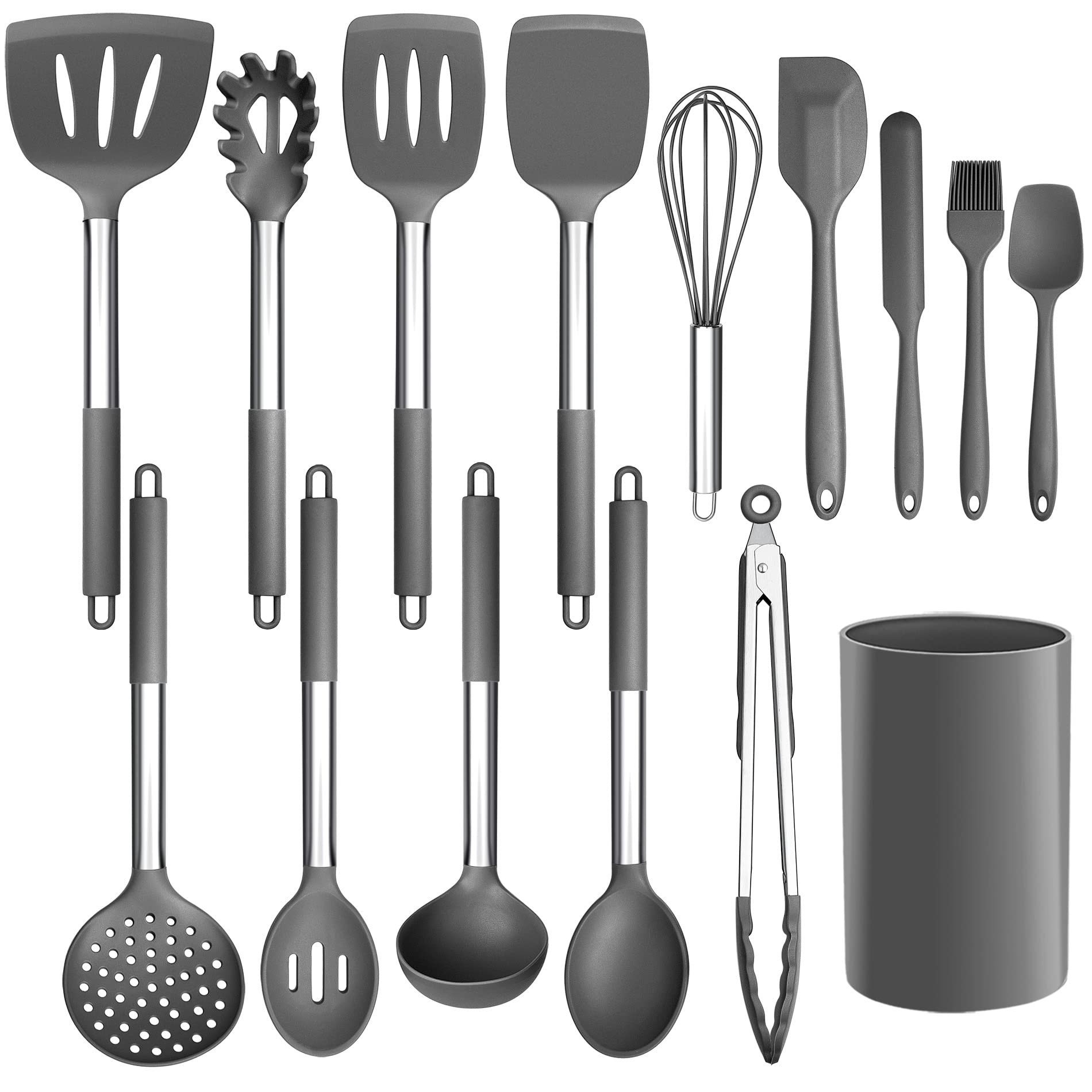Lianyu 15-Piece Cooking Kitchen Utensils Set With Holder, Silicone Kitchen Tools Stainless Steel Handle, Slotted Spatula Spoon T
