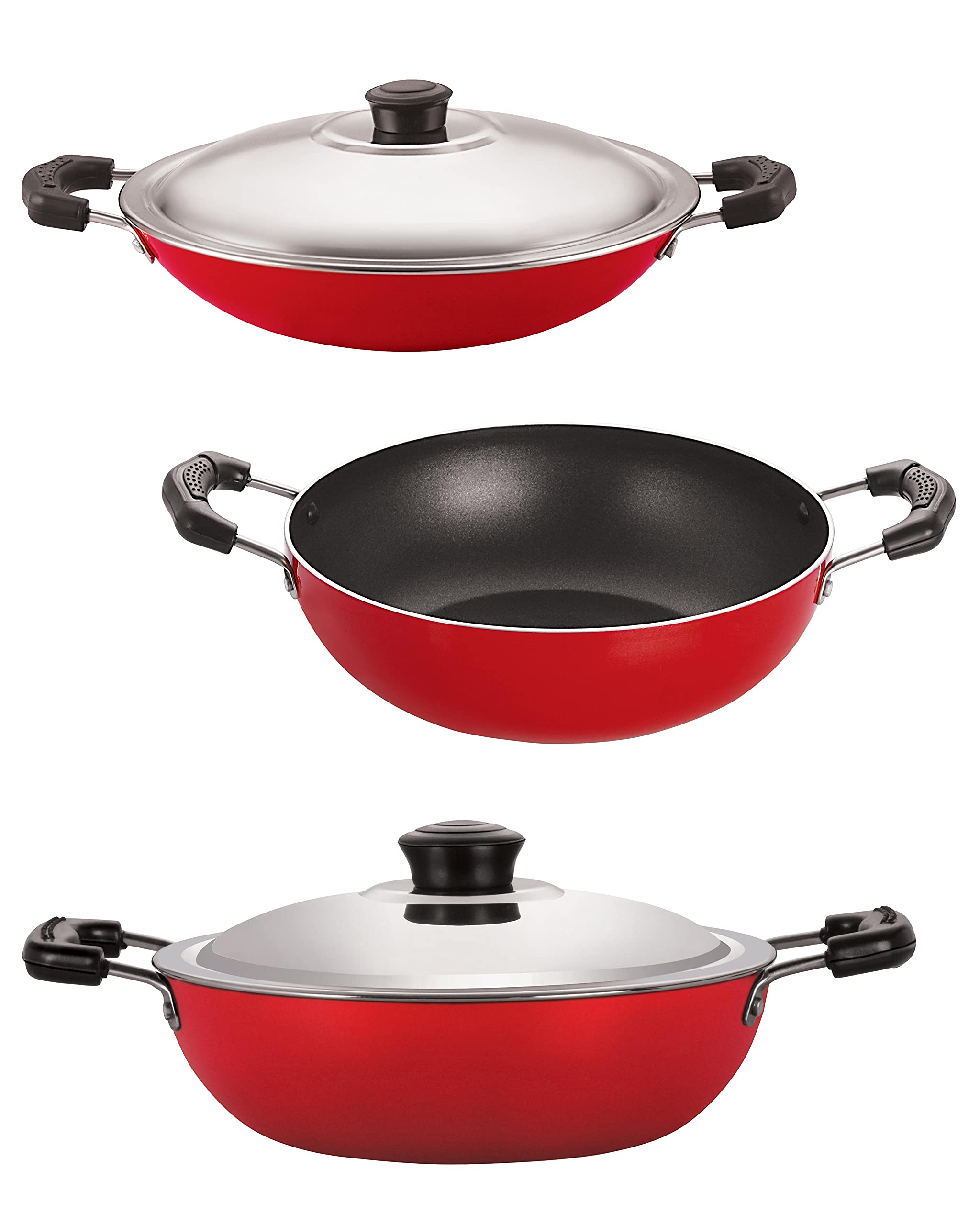 Nirlon Nonstick 3 Layer NonStick Combo Cookware Set Kadai 2 Liter, Deep Kadai With Lid Medium 2.2 Liter, Appa Chatti 22 Cm