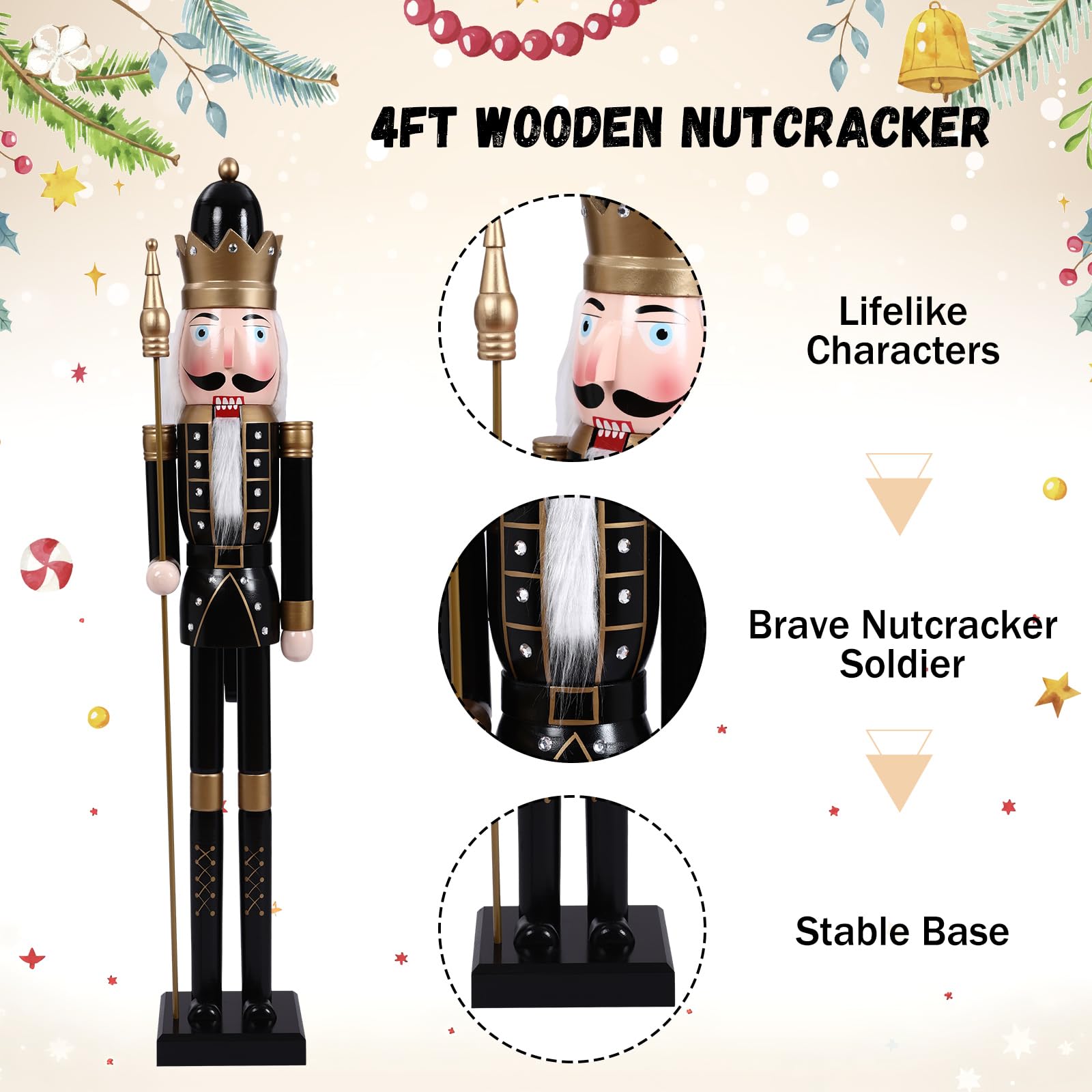 Liliful 48 Inch 4 ft Tall Life Size Christmas Nutcracker Giant Wooden Nutcracker Statue with Golden Scepter for Indoor Outdoor X