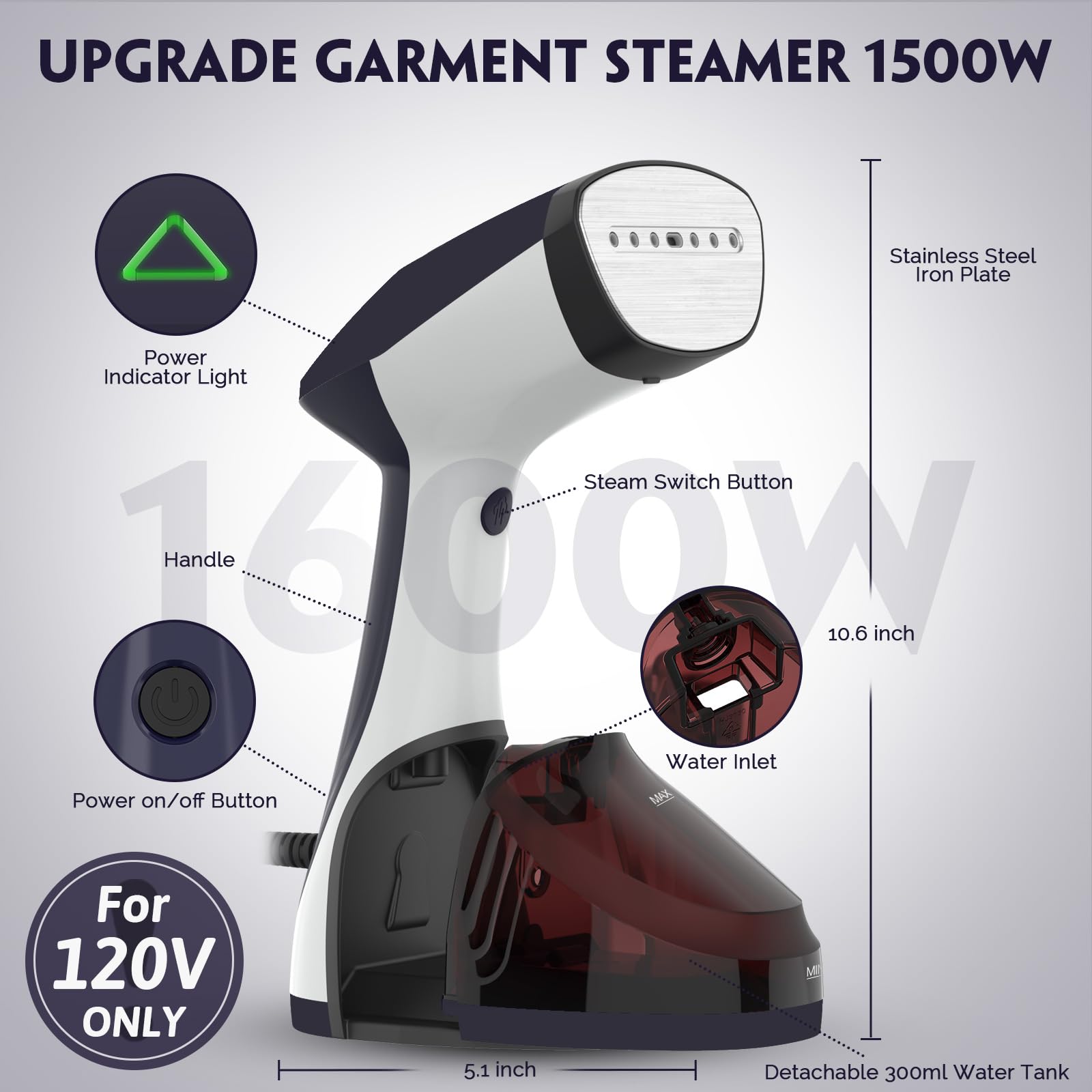 Urpower Steamer For Clothes 300Ml Clothes Steamer Handheld 15-Second Fast Heat-Up 1500W Stainless Steel Plate Travel Steamer Por