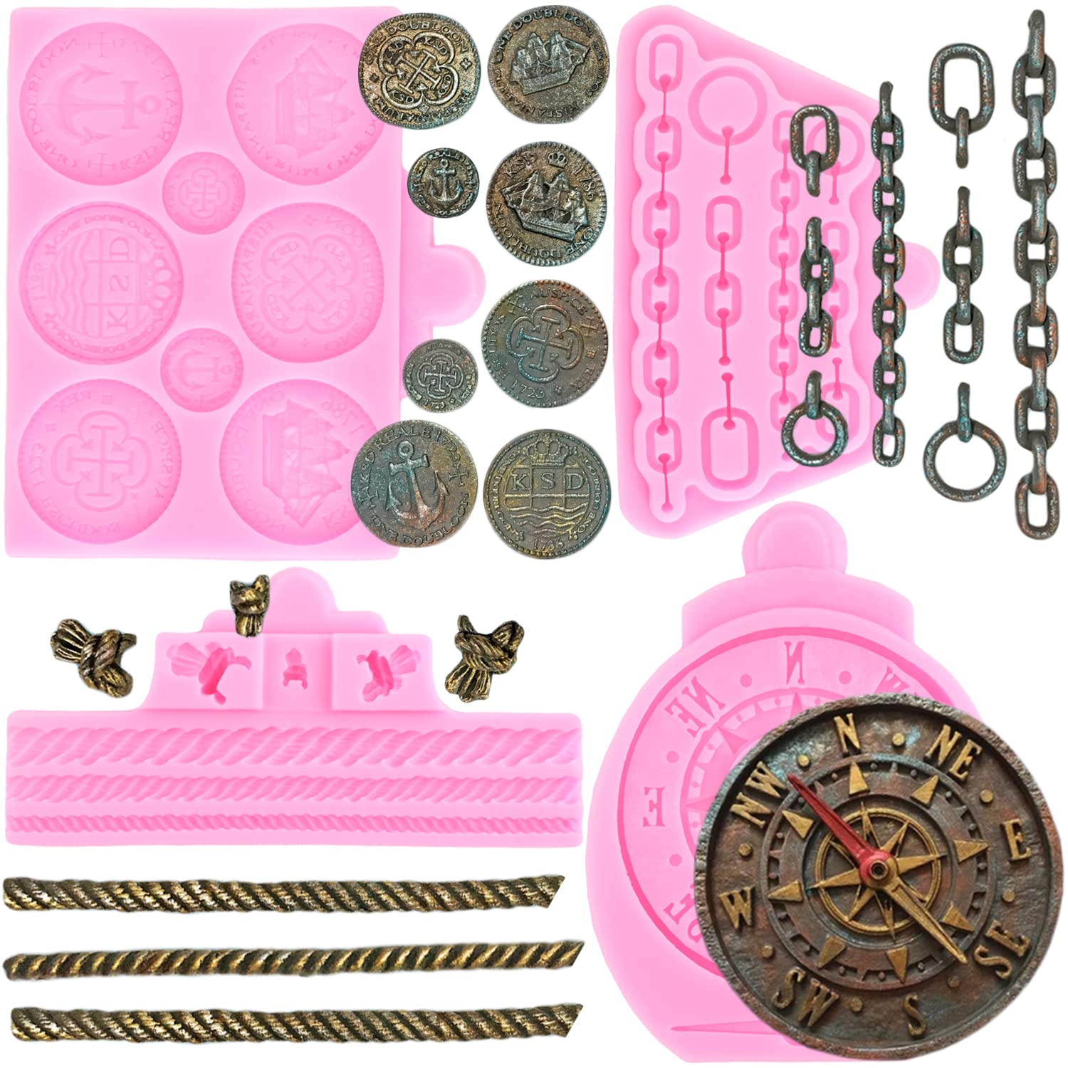Zixiang Treasure Coins Silicone Mold Pirate Rope Fondant Mold Antique Compass Silicone Mold Chains Fondant Molds For Cake Decora