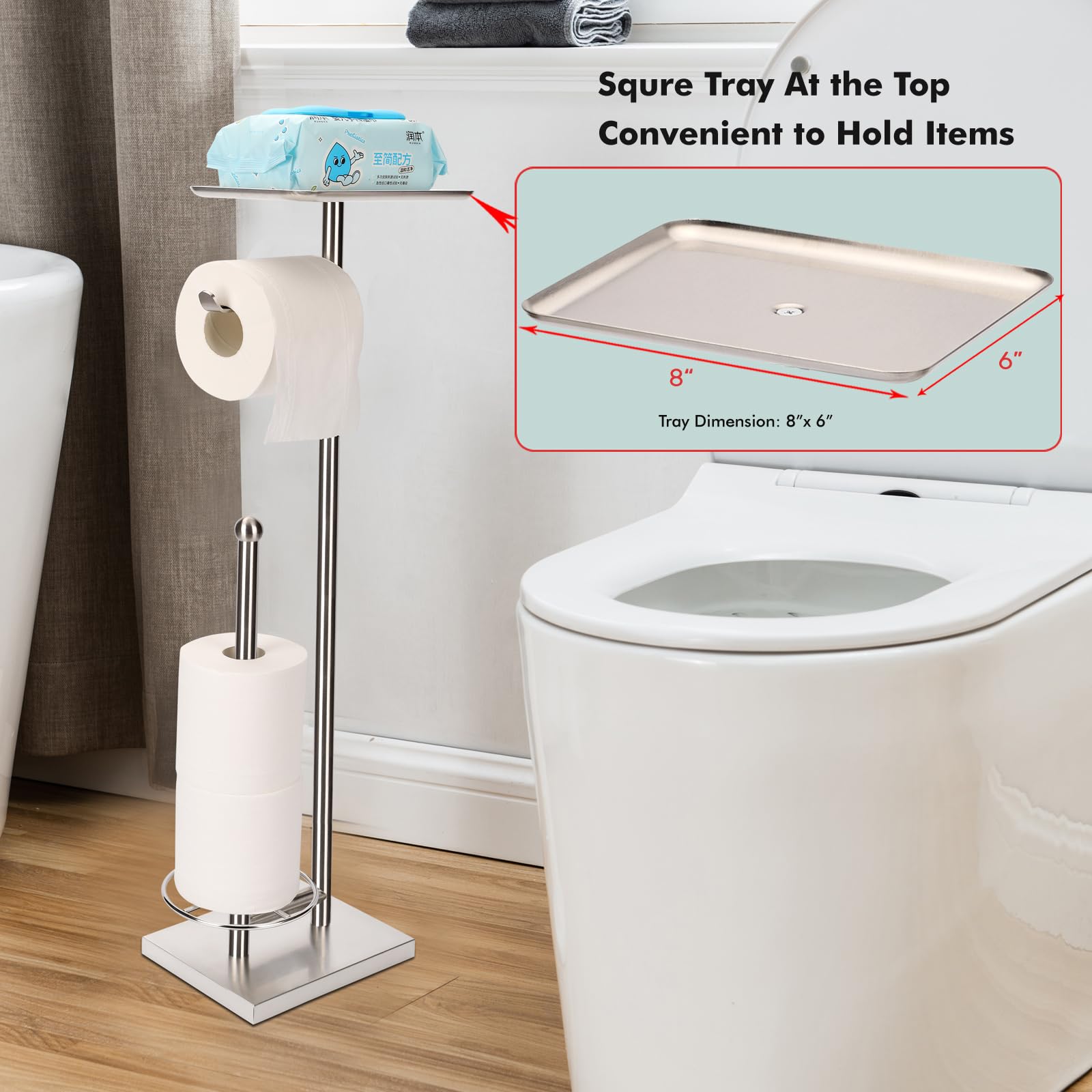 Sfemn Toilet Paper Holder With Tray At The Top, Heavy-Weighted Stainless Steel Base No Wobbly, Freestanding Toilet Paper Rolls S