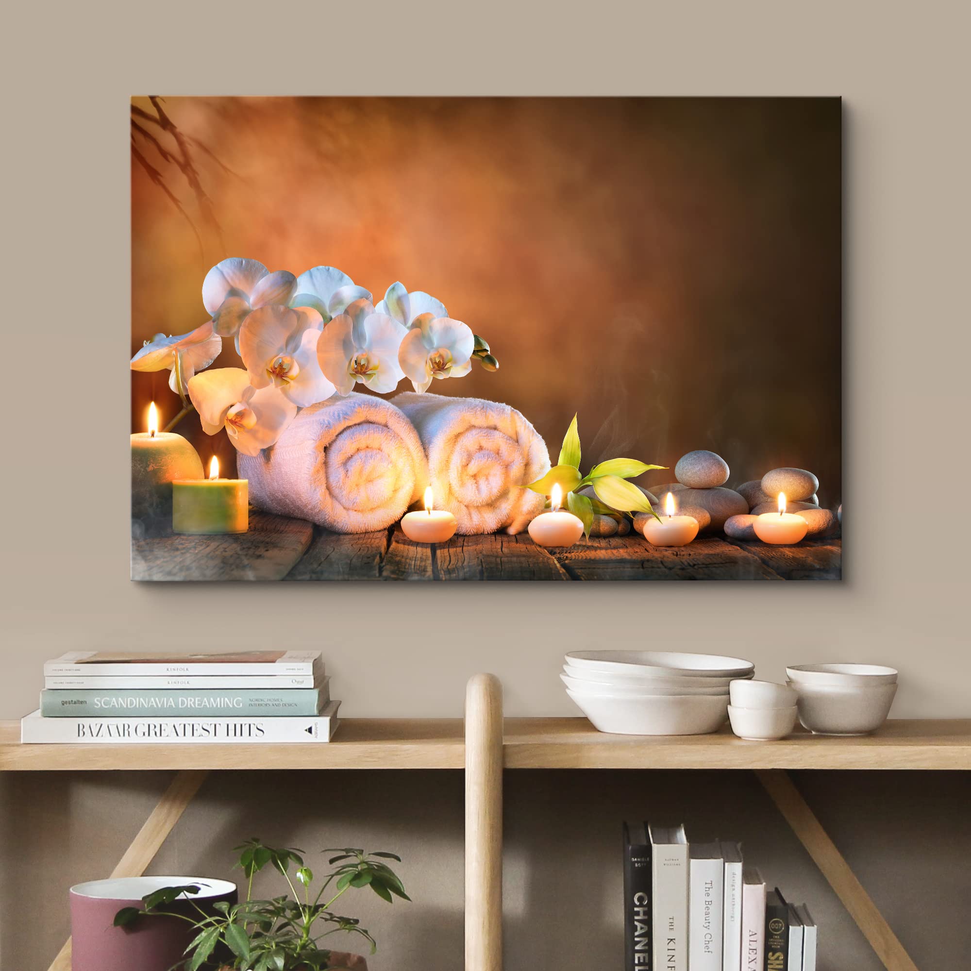 Wall26 Canvas Print Wall Art Relaxing Candle White Orchid Flower Massage Stones Jungle Leaf Nature Yoga Photography Modern Art C