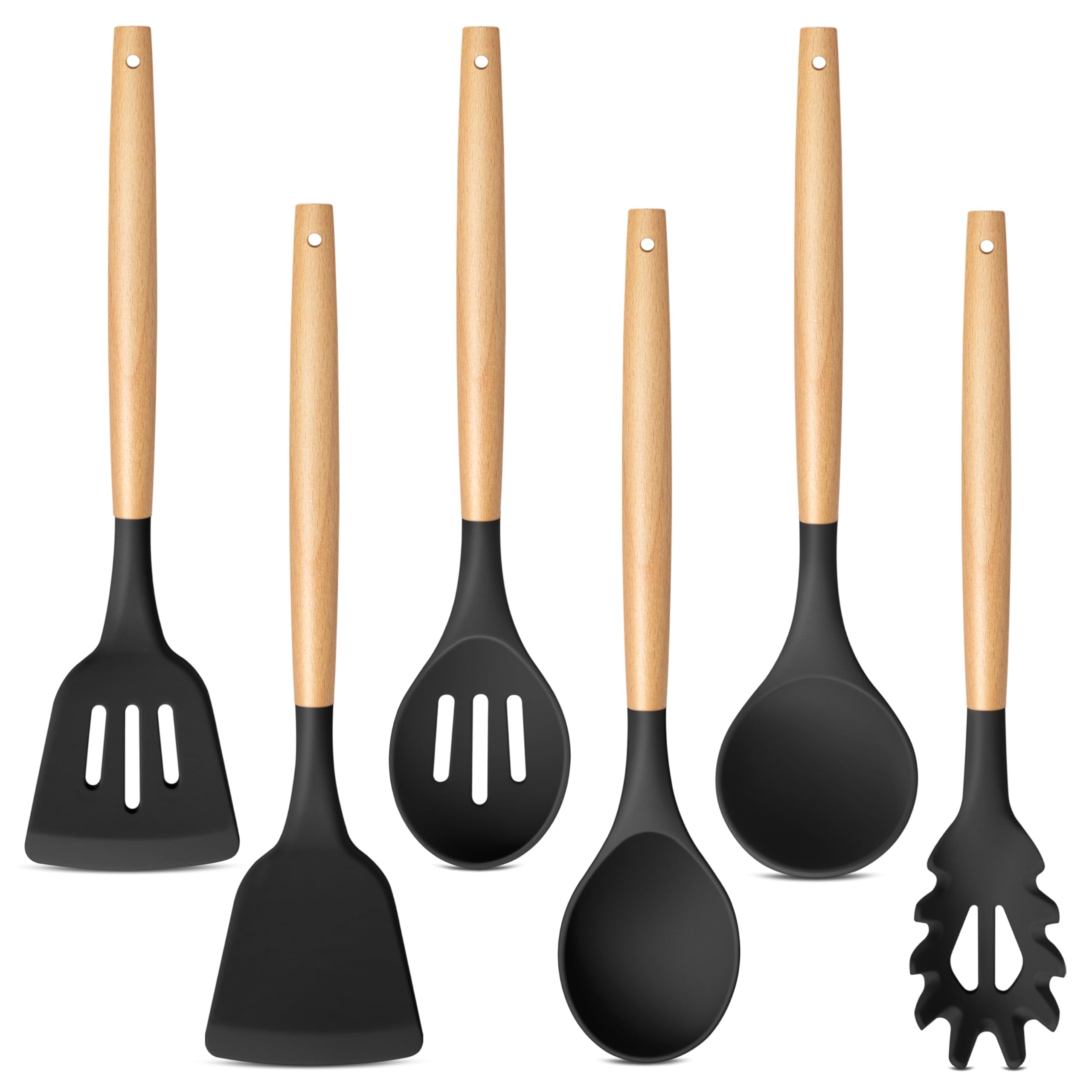 TeamFar Silicone Cooking Utensils, Kitchen Utensils Set of 6, Black