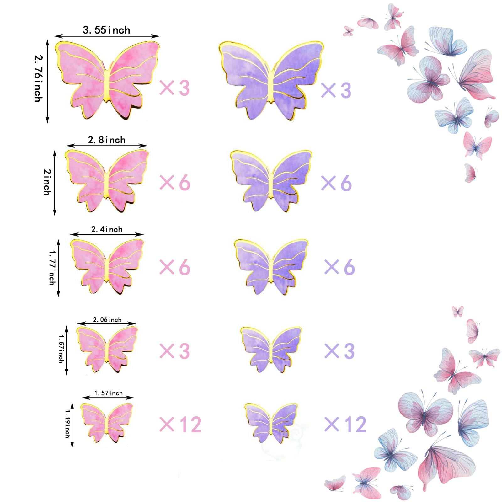 60Pcs Pink Purple Gold Butterfly Cake Toppers, 3D Cupcake Toppers Happy Birthday Metal Gold Topper For Girls Women'S Party Decor