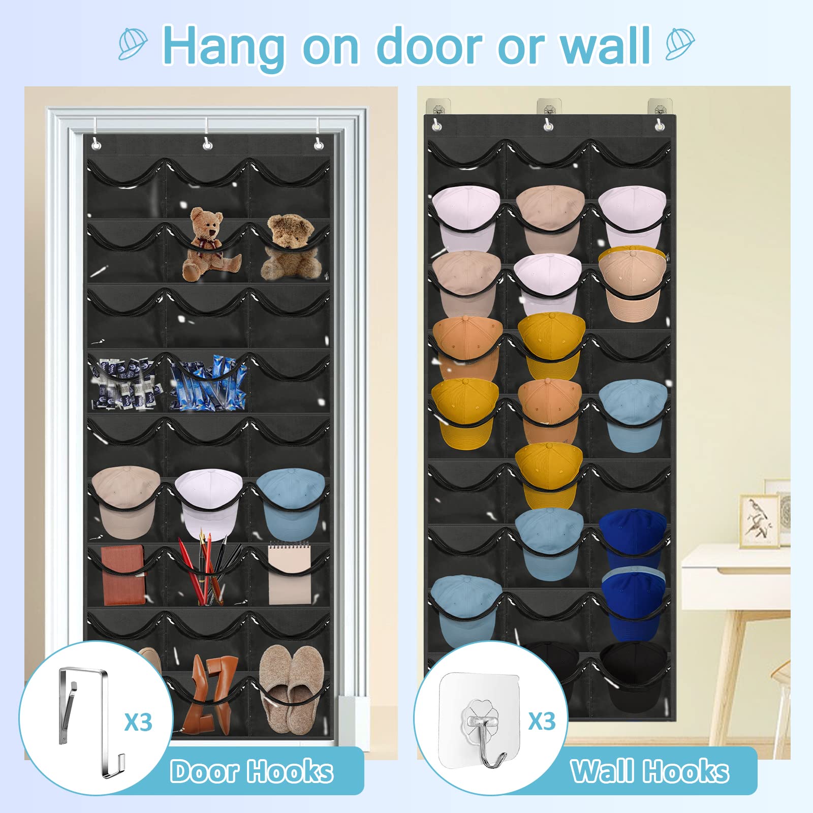 Owkjar 27 Large Pockets Hat Organizer For Baseball Caps,Hat Rack With 6 Hooks Over The Door Or Wall Multiple Caps Display Storag