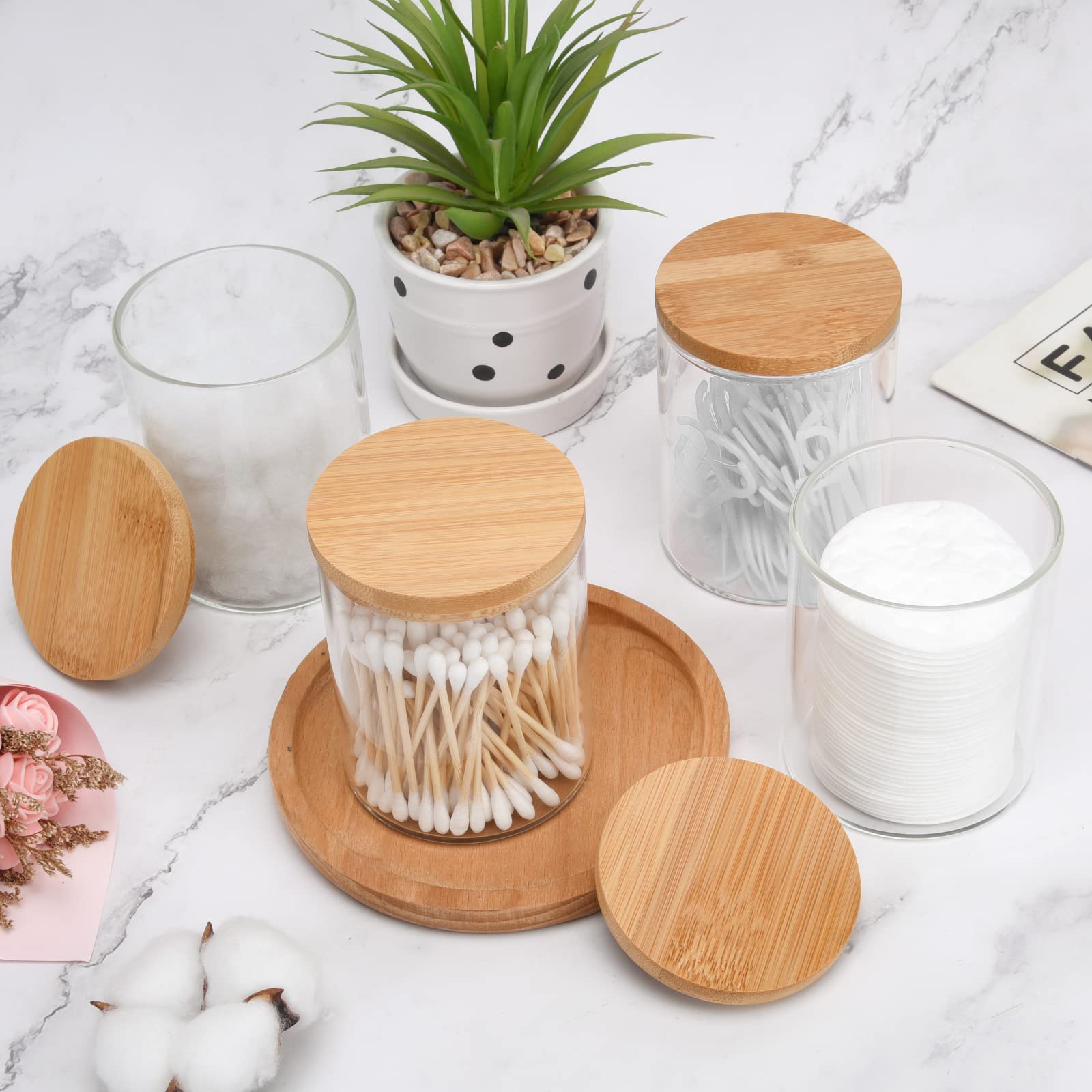 BKYFPQ 4 Pack Glass Qtip Holder Dispenser Bathroom Jars with Bamboo Lids  Cotton Ball Pad Round Swab Holder for Bathroom Accessories Storage Organizer Farmhouse Bathroom Decor  Boho Bathroom Decor.