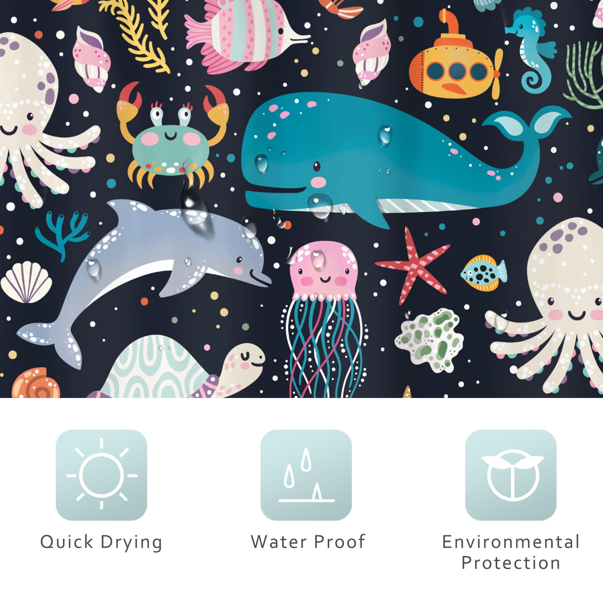 Riyidecor Kids Ocean Animal Shower Curtain 60Wx72H Inch Underwater Cartoon Whale Dolphin Octopus Jellyfish Turtle Beach Sealife