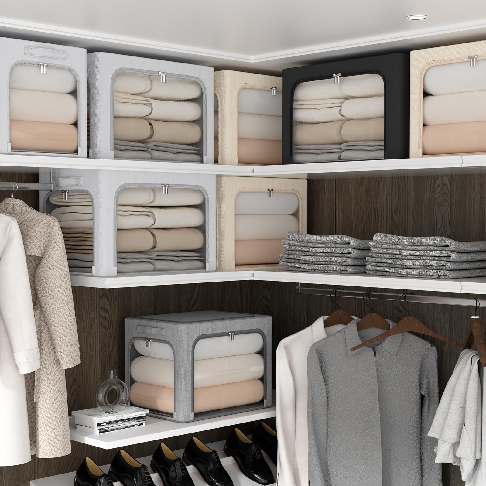 3 Openings Clothes Storage Bins Box - 3Pack Stackable Foldable Storage Bin - Metal Frame Storage Box Clothing Storage Organizer