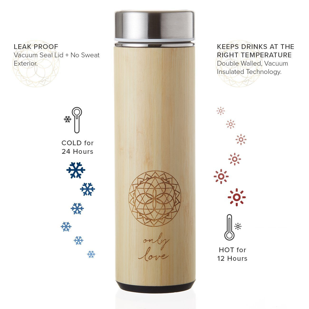 Sacred Lotus Love Insulated Bamboo Tea Travel Tumbler with Infuser, Strainer & Sleeve - For Hot Coffee or Cold, Stainless Steel