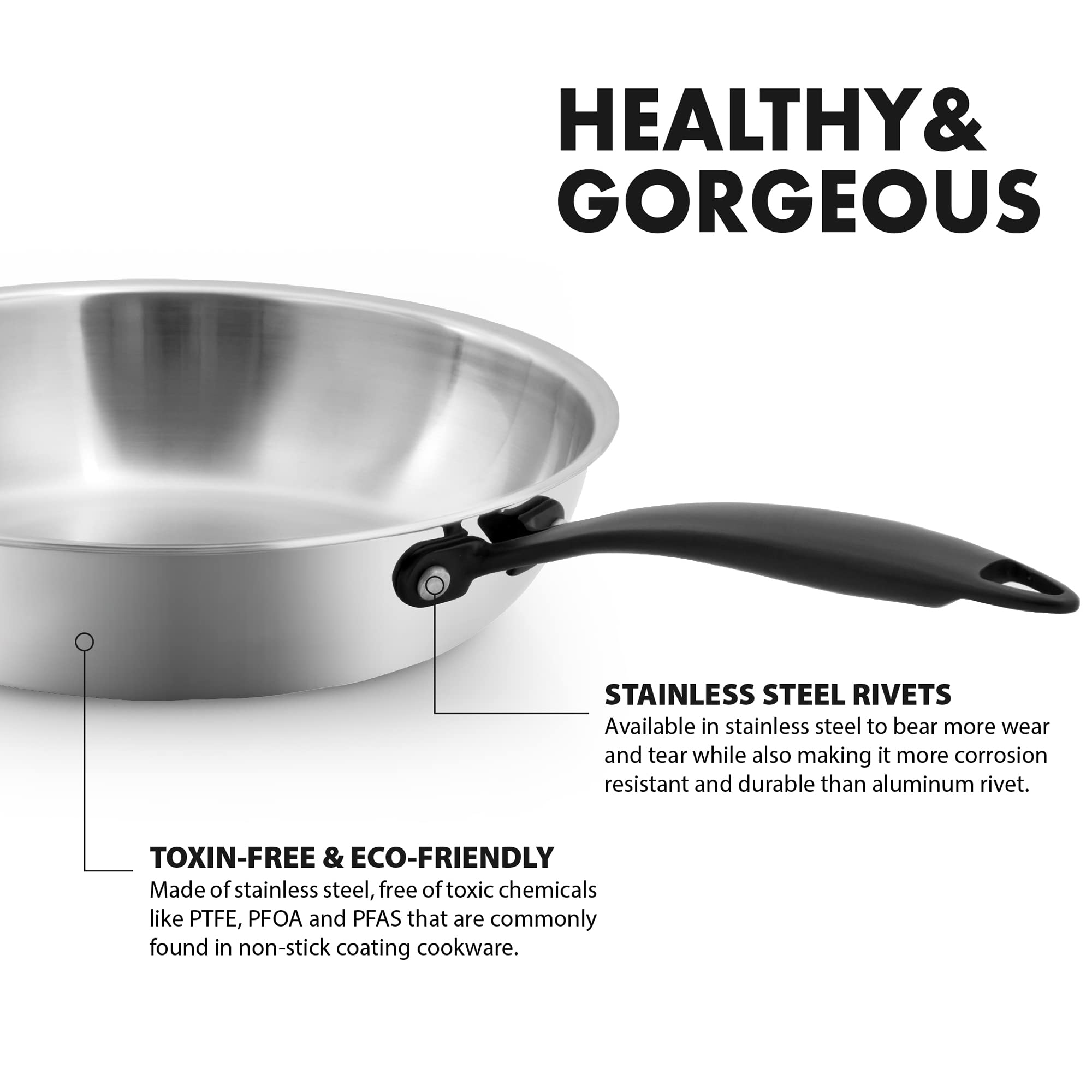 Grandties Full-Clad Tri-Ply Stainless Steel Frying Pan Induction Cookware - 10 Inch Stainless Steel Skillet, Marquina Black Meta