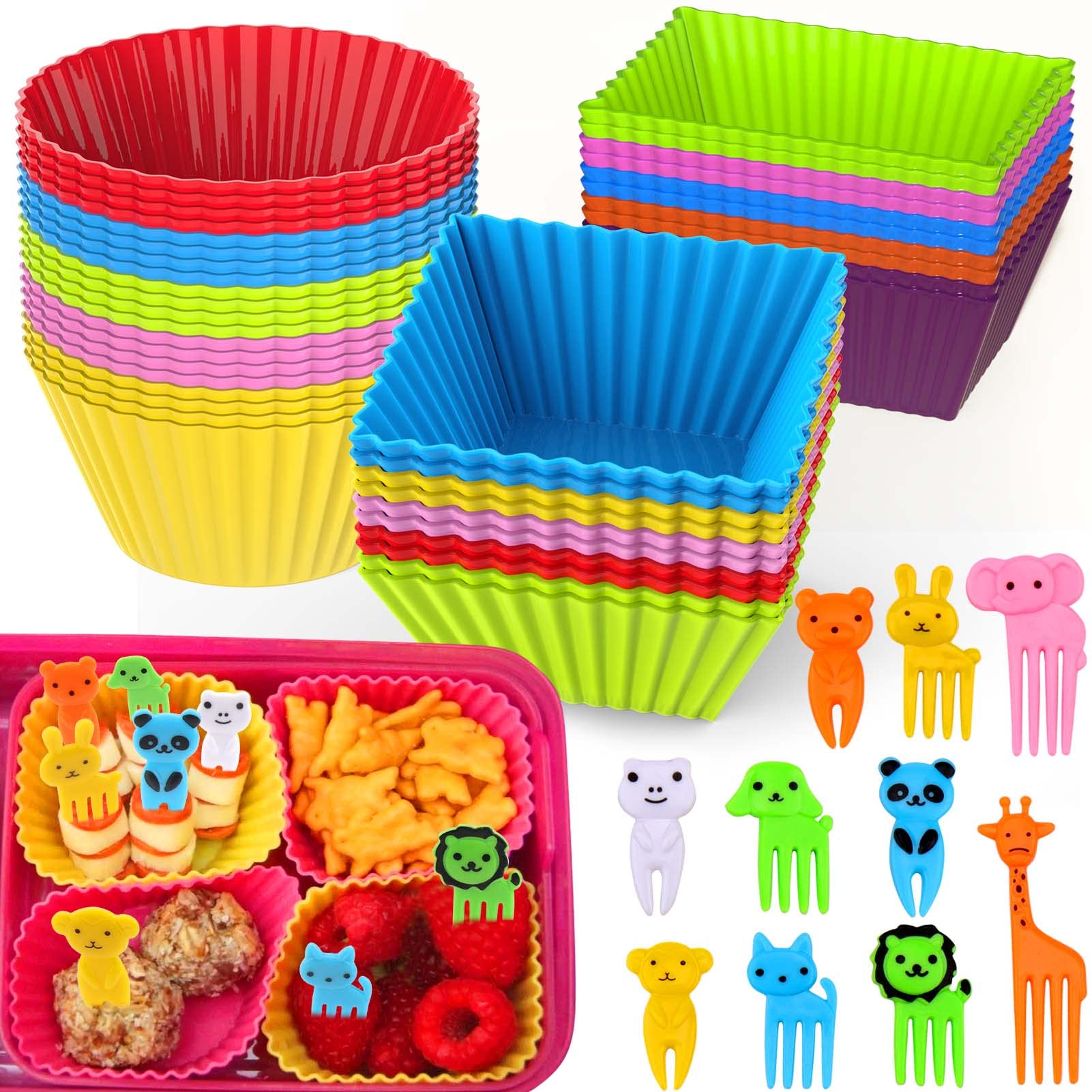 Xangnier 60 Pcs Bento Box Lunch Box Kit, Accessories With Silicone Dividers, Animal Food Picks For Kids,Bpa Free