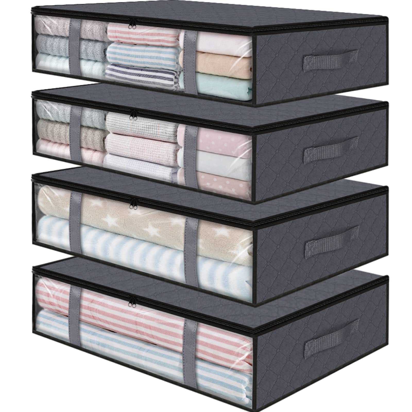 StorageRight Under Bed Storage Bins, 4-Pack 40L Foldable Fabric Storage Bags with Transparent Window, Breathable Organizer for C