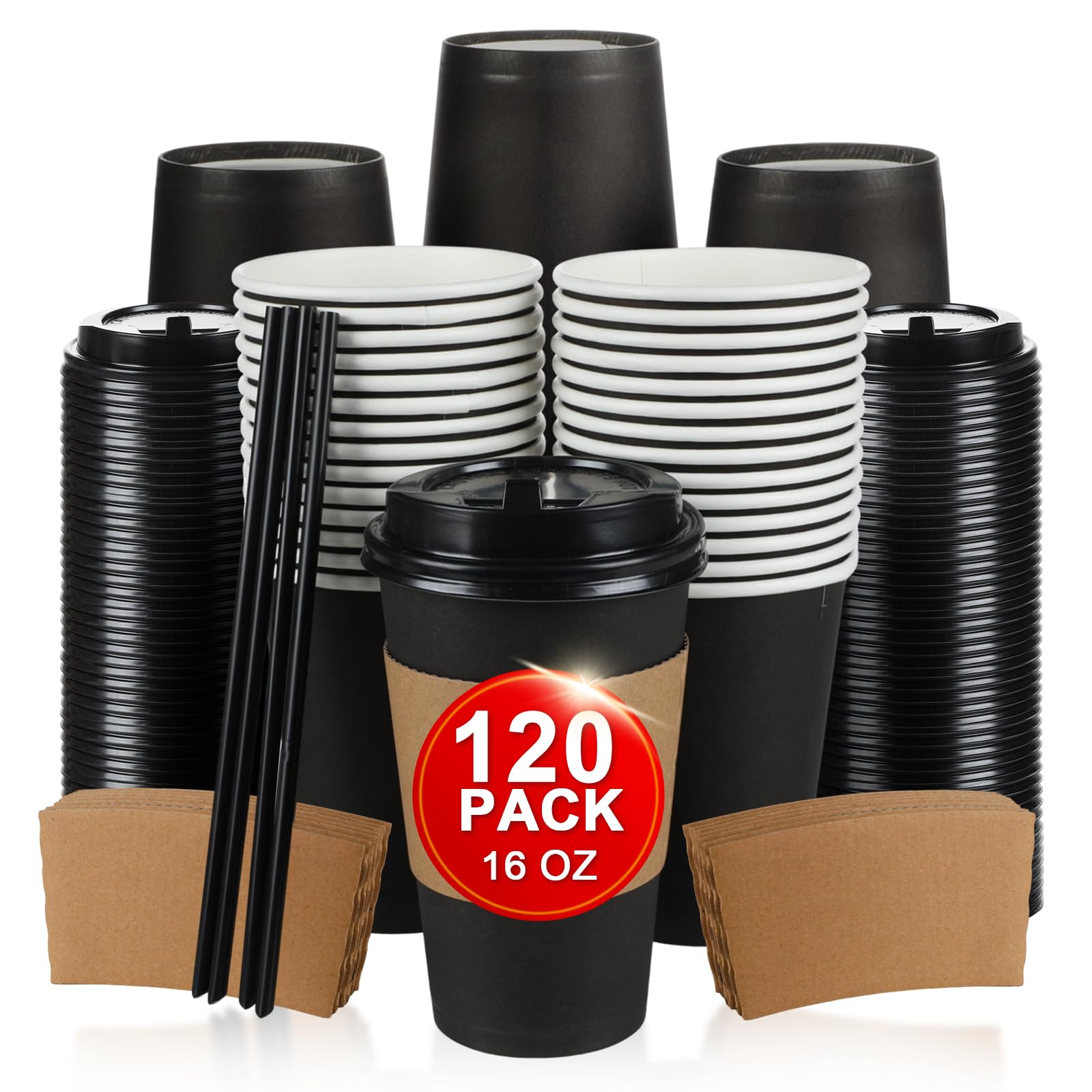 RAZCC 120 Pack 16 oz Paper Coffee Cups Set, Disposable Black Coffee Cups with Lids, Sleeves and Stirring Sticks, Fit For Cold an