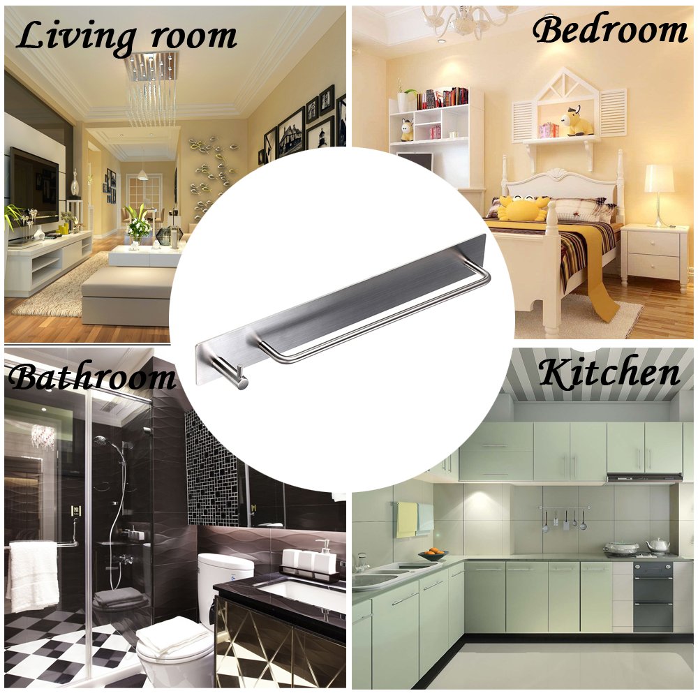 Sumnacon Towel Bar Rack With Hook, 13.38 Inch 3M Self Adhesive Stainless Steel Towel Holder Organizer For Bathroom Kitchen Bedro