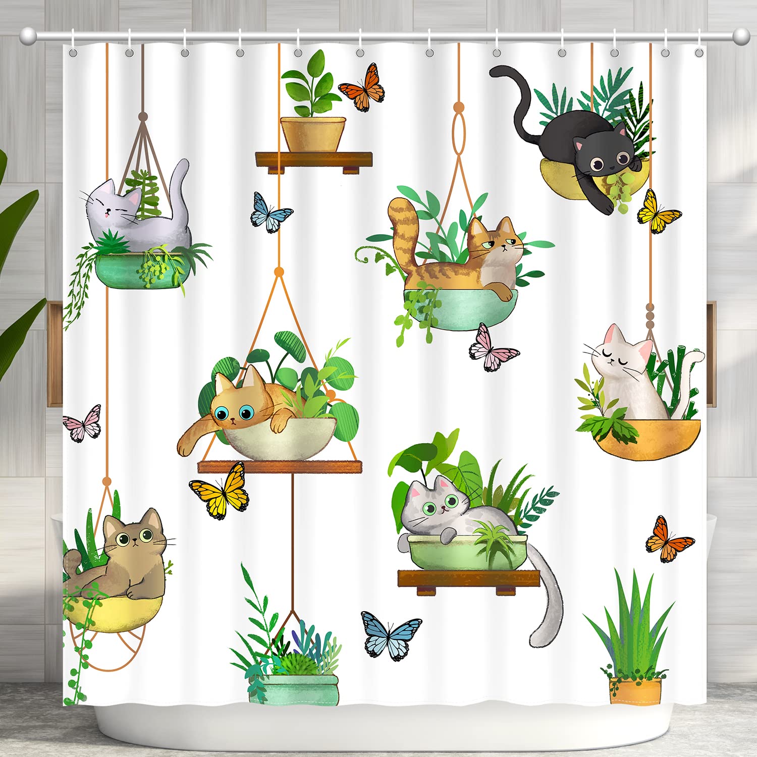 Hanging Potted Plants Cat Shower Curtain, Bracketplant Kitty Shower Curtain For Bathroom With 12 Hooks, Polyester Fabric Waterpr