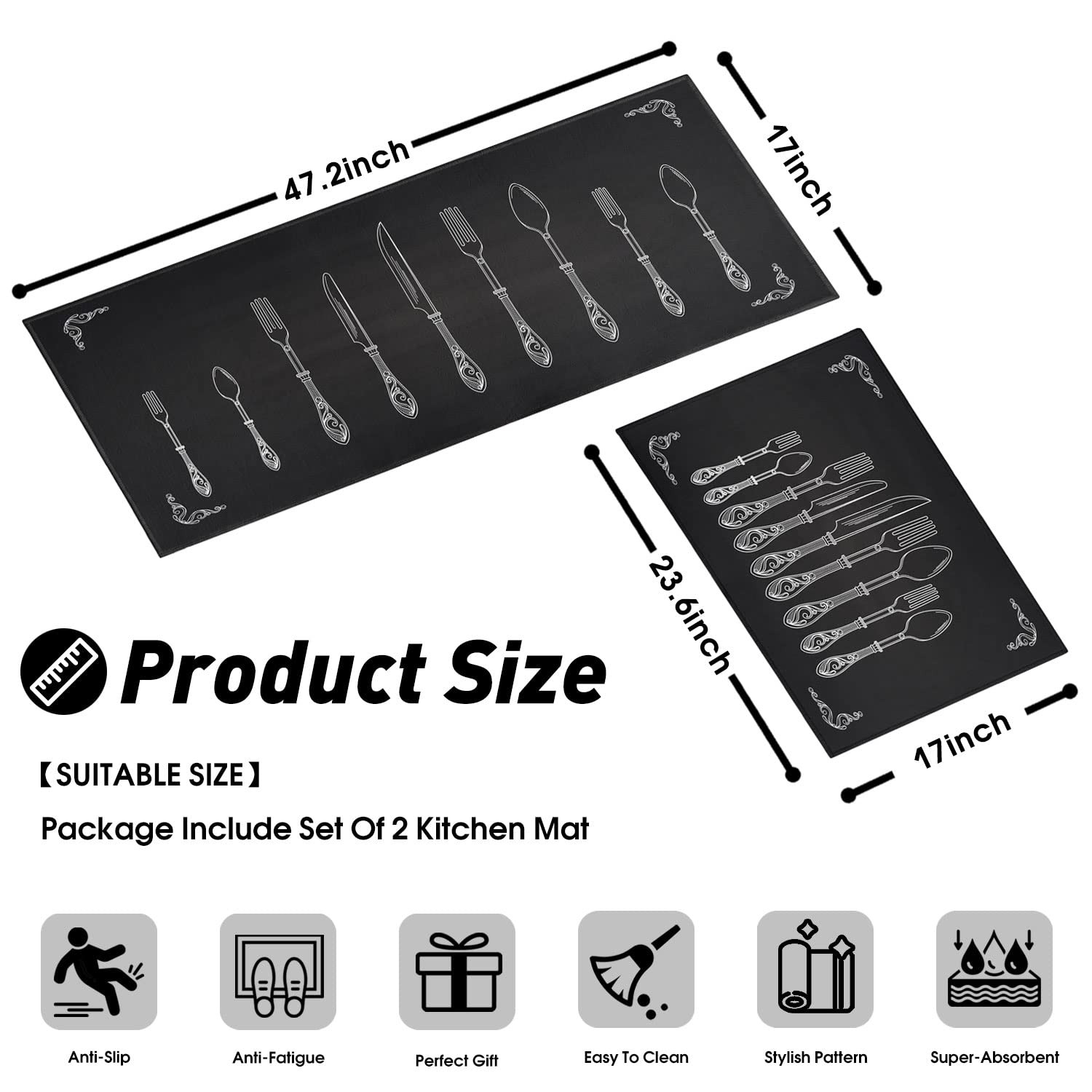 Ouxioaz Black Rugs And Mats Non Skid Washable Absorbent Microfiber Anti Fatigue Kitchen Mat For Floor Set Of 2 Black Decor Stain