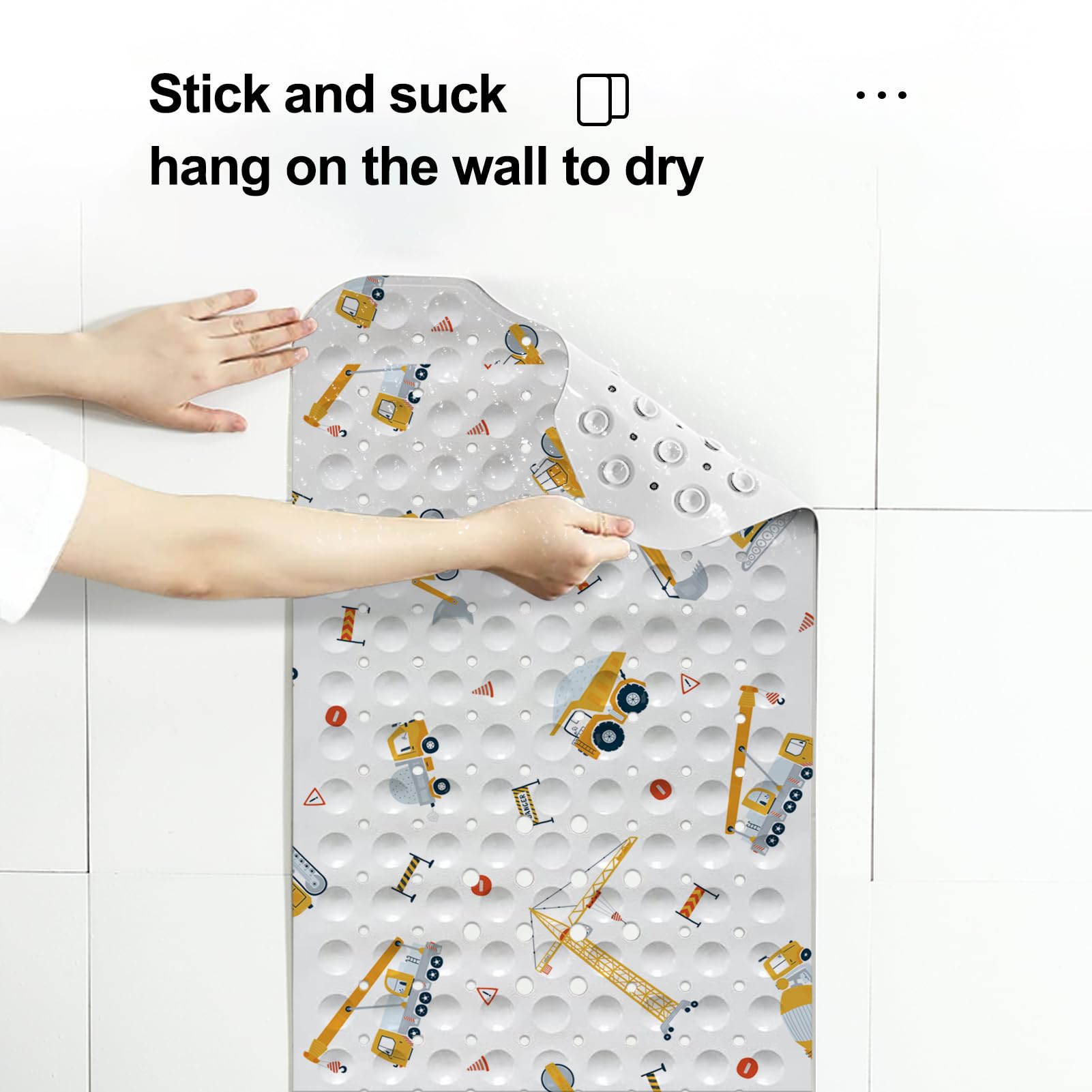 Lnond Bath Mat For Tub For Kids, Boy Toddler Bathtub Mat Non Slip, Yellow Excavator Kids Bath Mats For Bathroom Non Slip With Dr