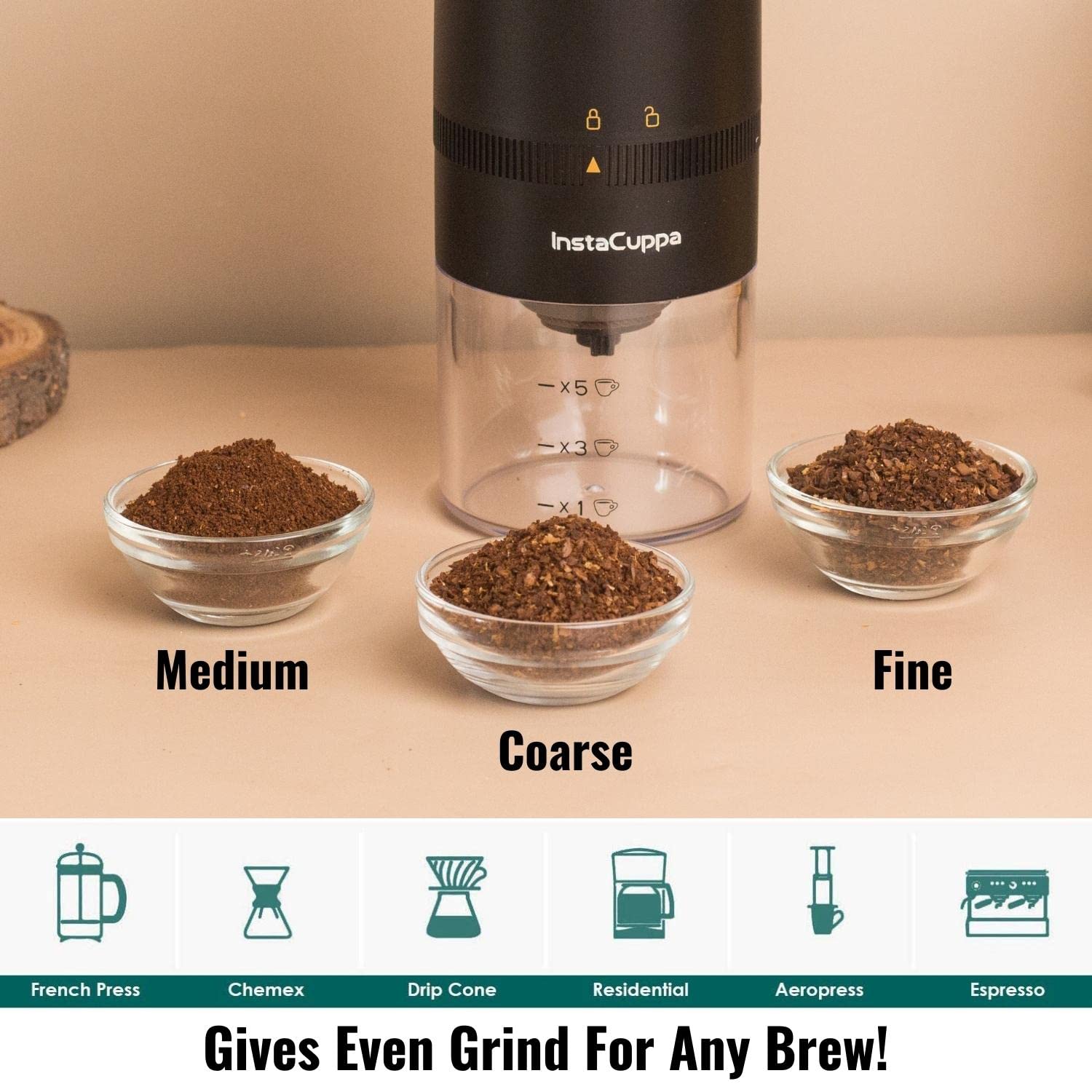 Instacuppa Rechargeable Coffee Bean Grinder With Ceramic Conical Burr Mill, One Click Operation, 5 Adjustable Grind Settings, Ai