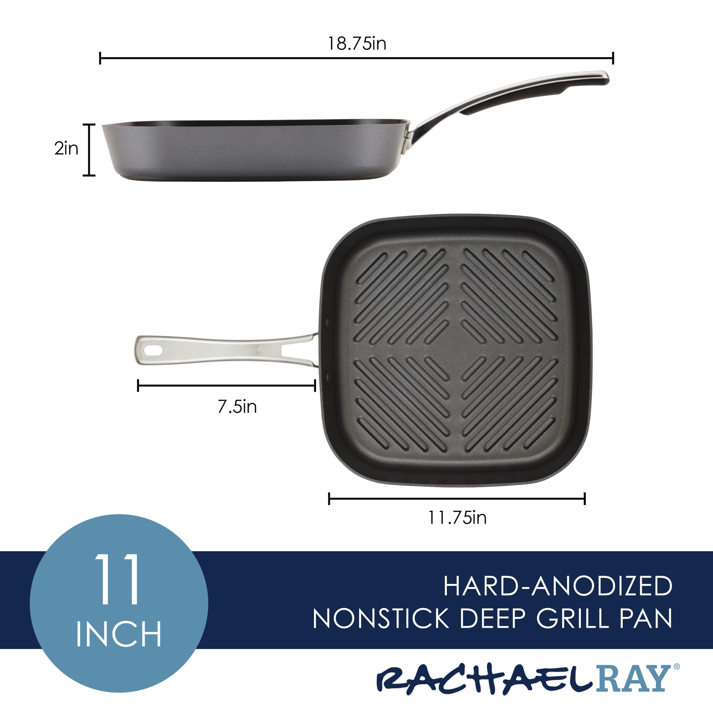 Rachael Ray Cook + Create Hard Anodized Nonstick Deep Grill Pan/Griddle, 11 Inch - Black