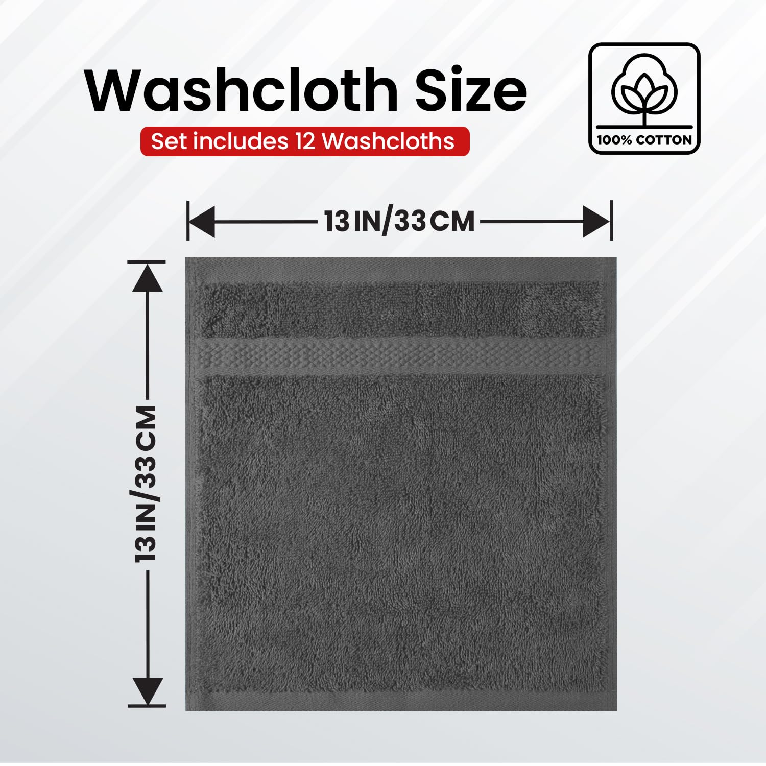 Infinitee Xclusives 12 Pack Premium Dark Grey Wash Cloths and Face Towels  13x13 100% Cotton  Soft and Absorbent Washcloths Set - Perfect for Bathroom  Gym  and Spa