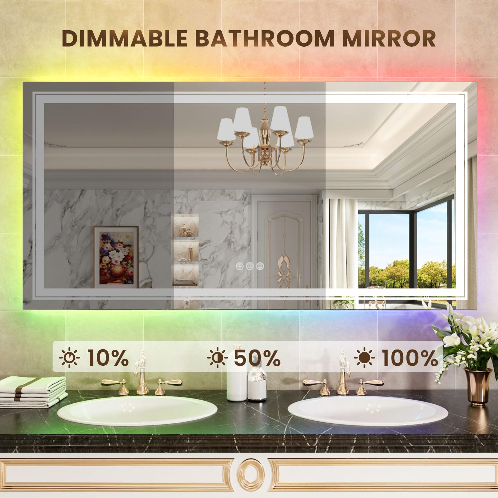 Wtty Rgb Led Mirror For Bathroom,96''X36'' Stepless Dimmable,Large Led Bathroom Mirror With Backlit And Front Light,Anti-Fog,Lig