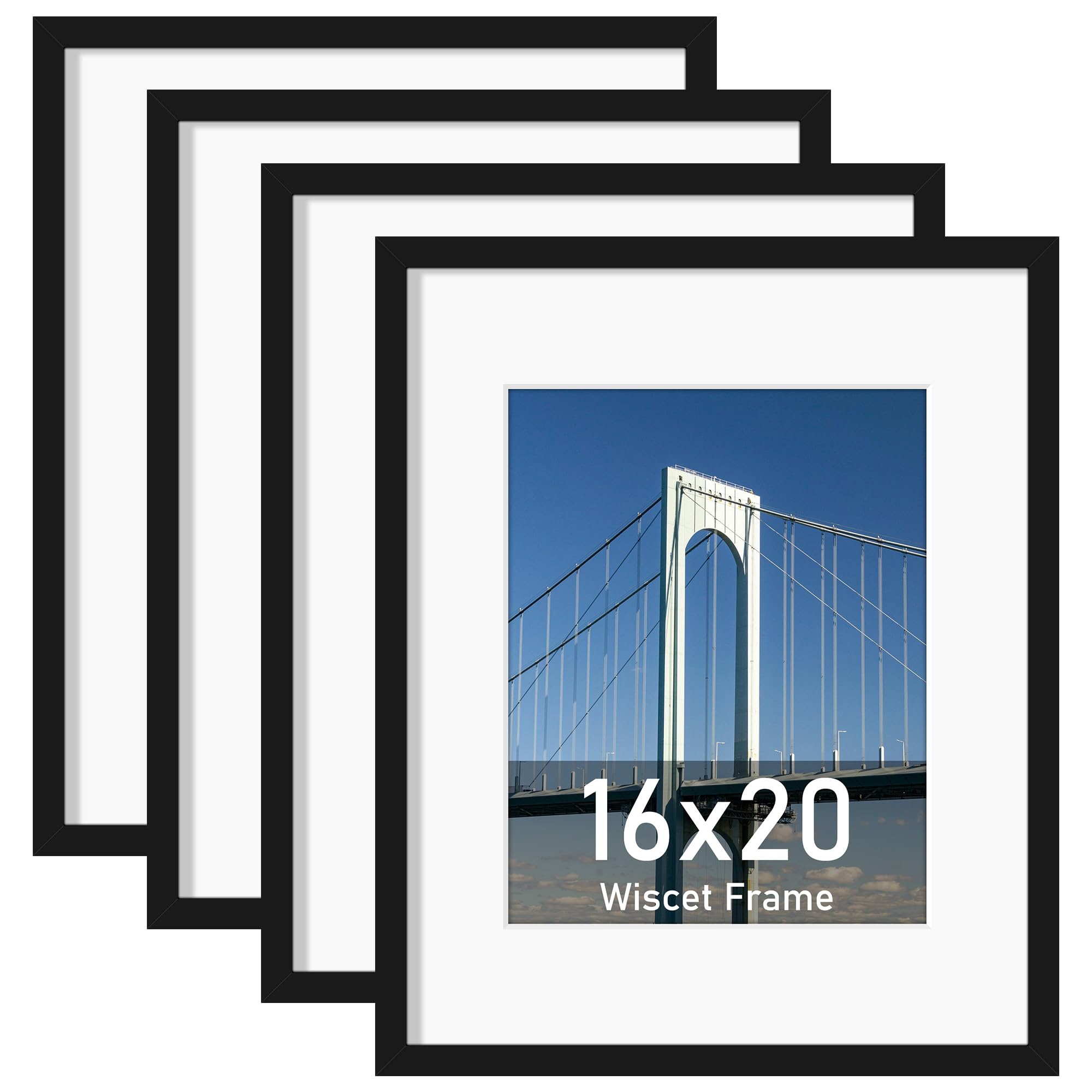 Wiscet 16x20 Picture Frame Set of 4, Display Picture 11x14 with Mat or 16x20 Poster Frame without Mat, Horizontal or Vertical Wa