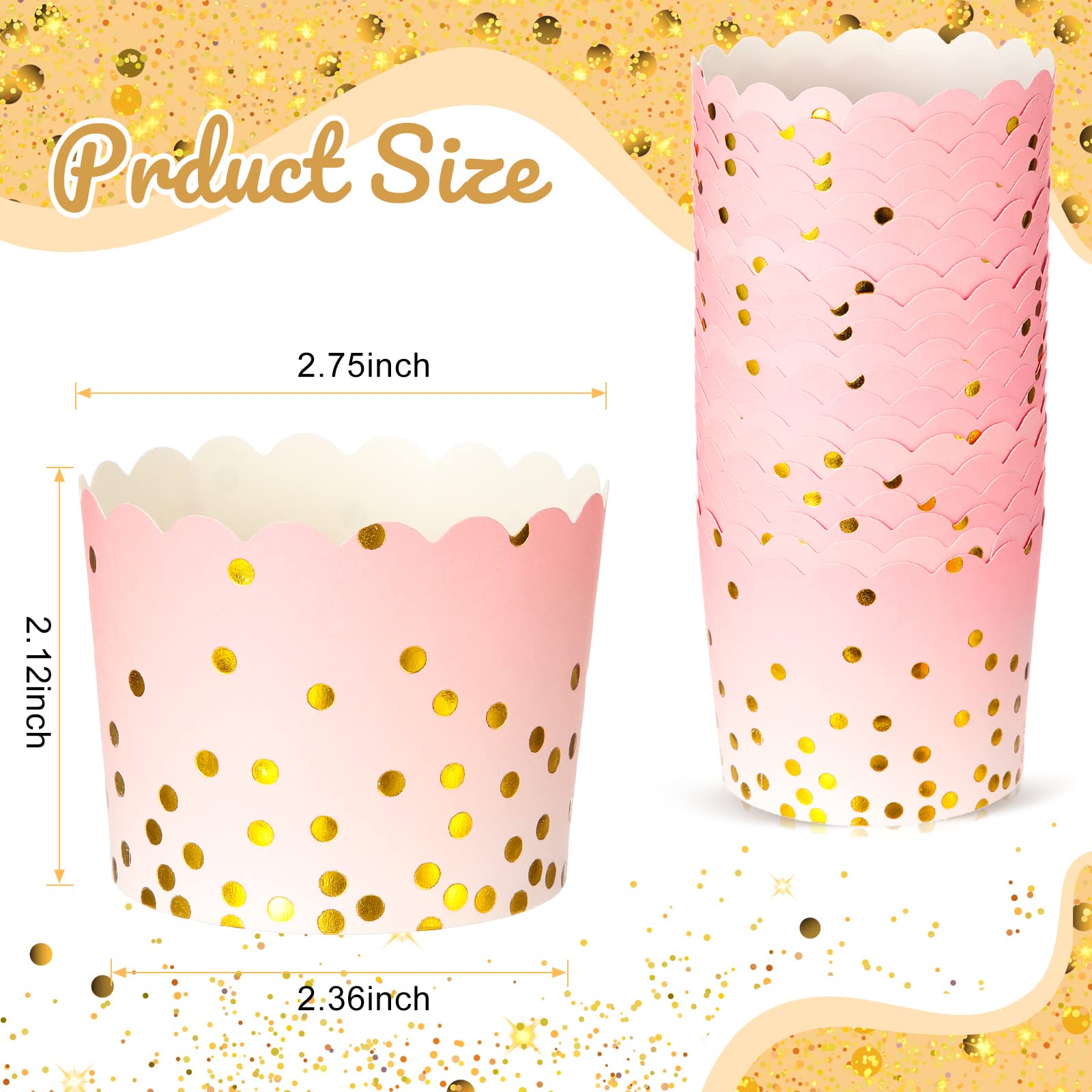 100 Pcs Pink Cupcake Liners 4.5 Oz Gold Polka Dot Paper Baking Cups For Muffins Desserts Bake, Easter, Baby Showers, Wedding And