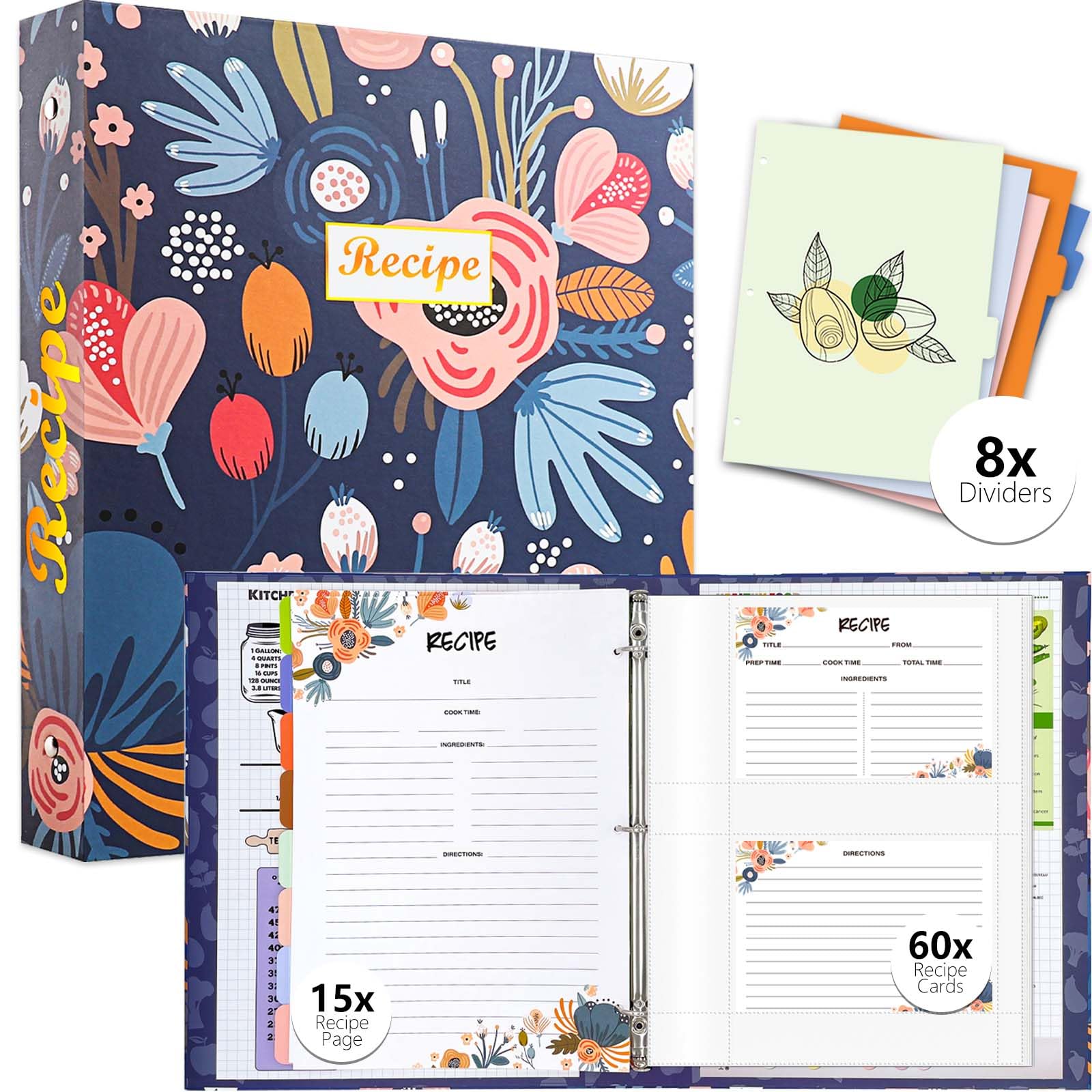 3 Ring Recipe Binder 8.5'' X 11'' Recipe Book Recipe Binder Kit With 60 Printed Recipe Cards 4'' X 6'', 8 Category Dividers To W