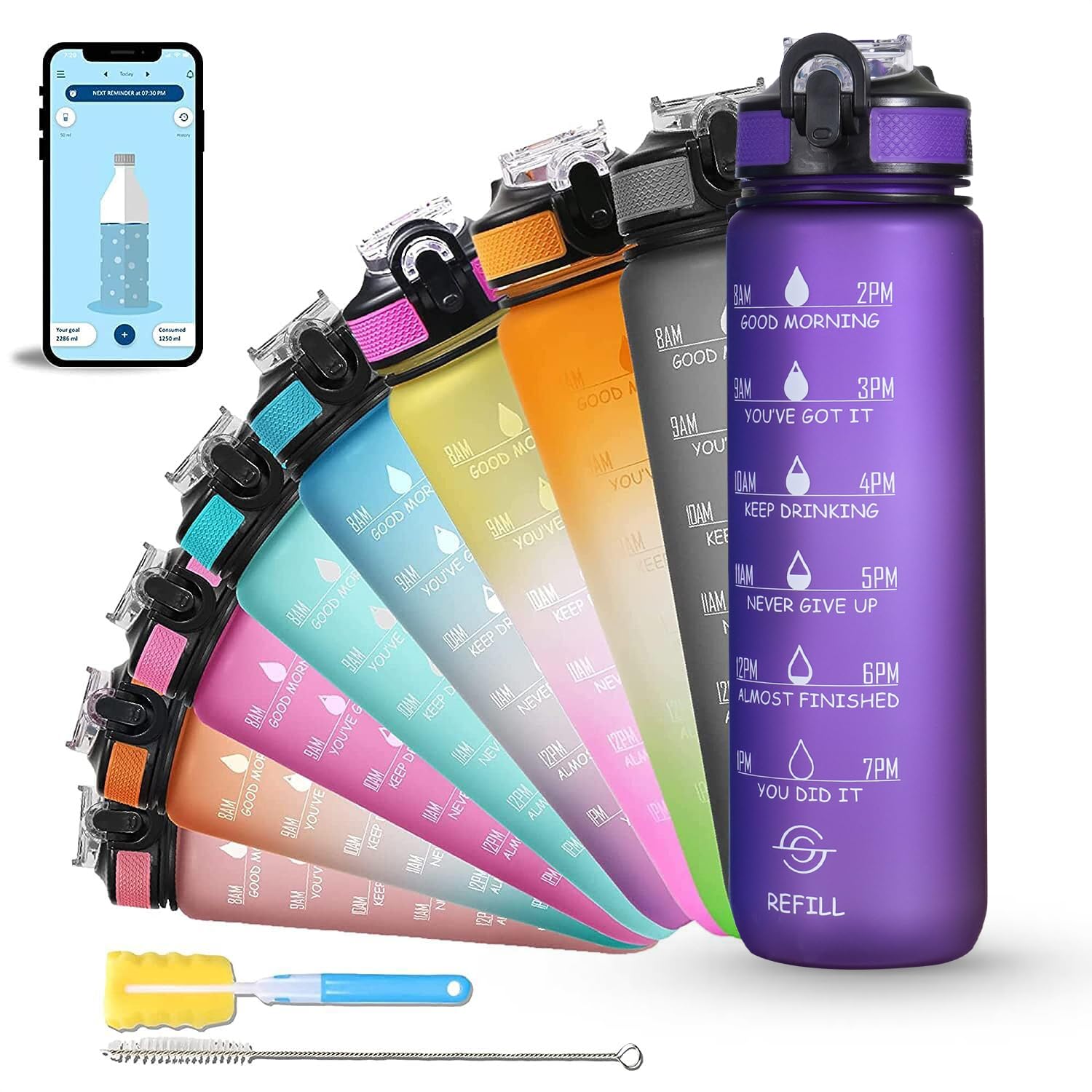 SOLARA 1L Sipper Water Bottle with Motivational Time Marker, Sipper Bottle for Adults, Water bottle for Gym, Office, Mobile app 
