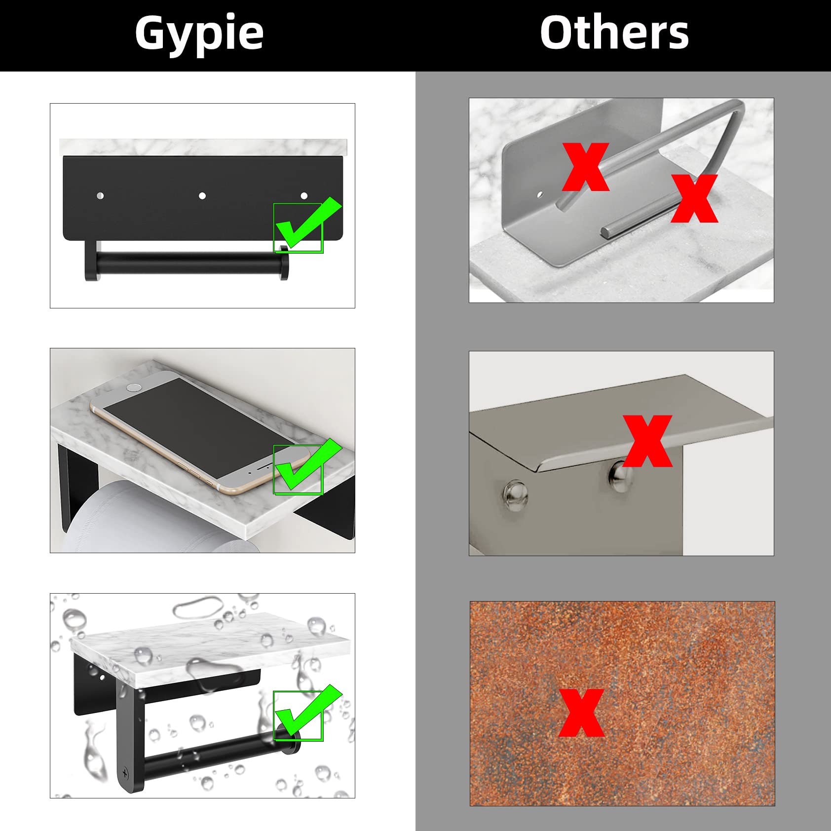 Gypie Marble Toilet Paper Holder with Shelf  304 Stainless Steel Screw Wall Mounted  Tissue Roll Holder for Bathroom Washroom Matte Black