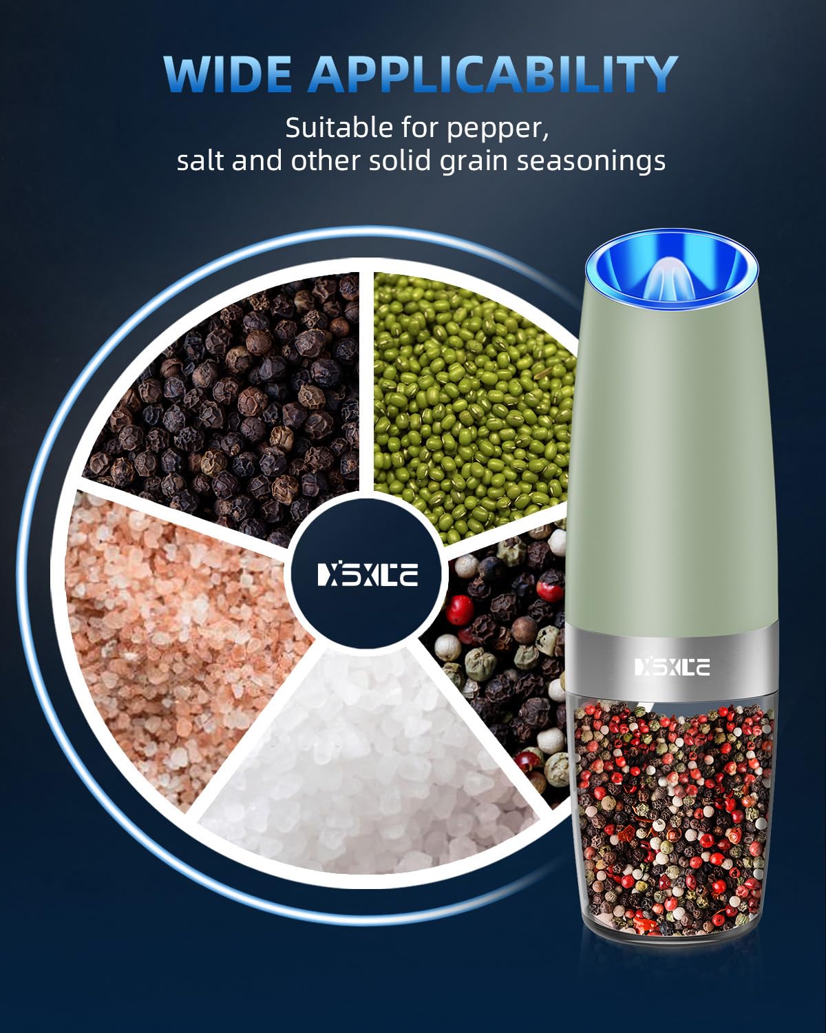 Gravity Electric Pepper and Salt Grinder Set, Adjustable Coarseness, Battery Powered with LED Light, One Hand Automatic Operatio