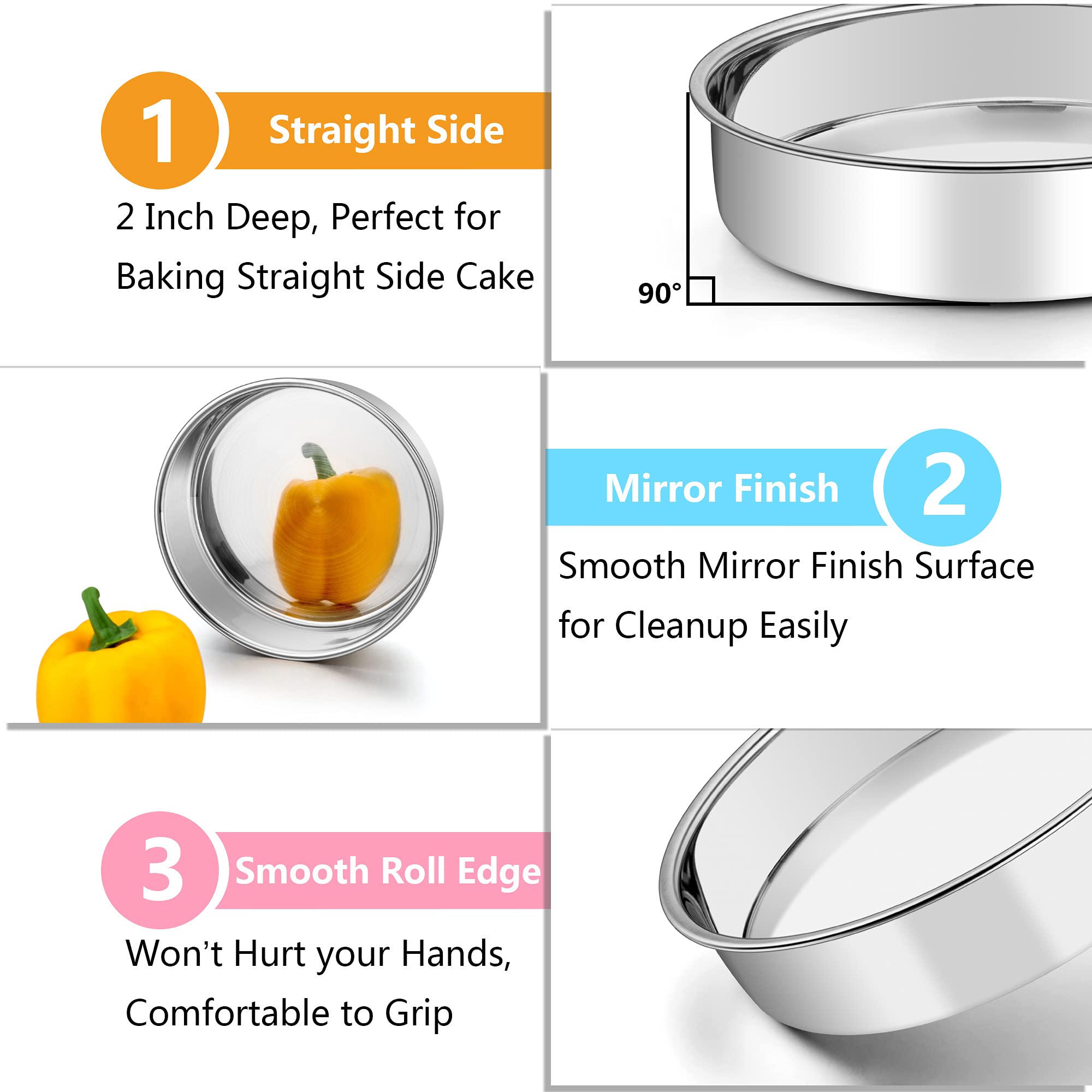 Teamfar Cake Pan, Stainless Steel Round Cake Pan Baking Tier Cake Pans Set, 8'' & 9'' & 11'', Healthy & Heavy Duty, Mirror Finis