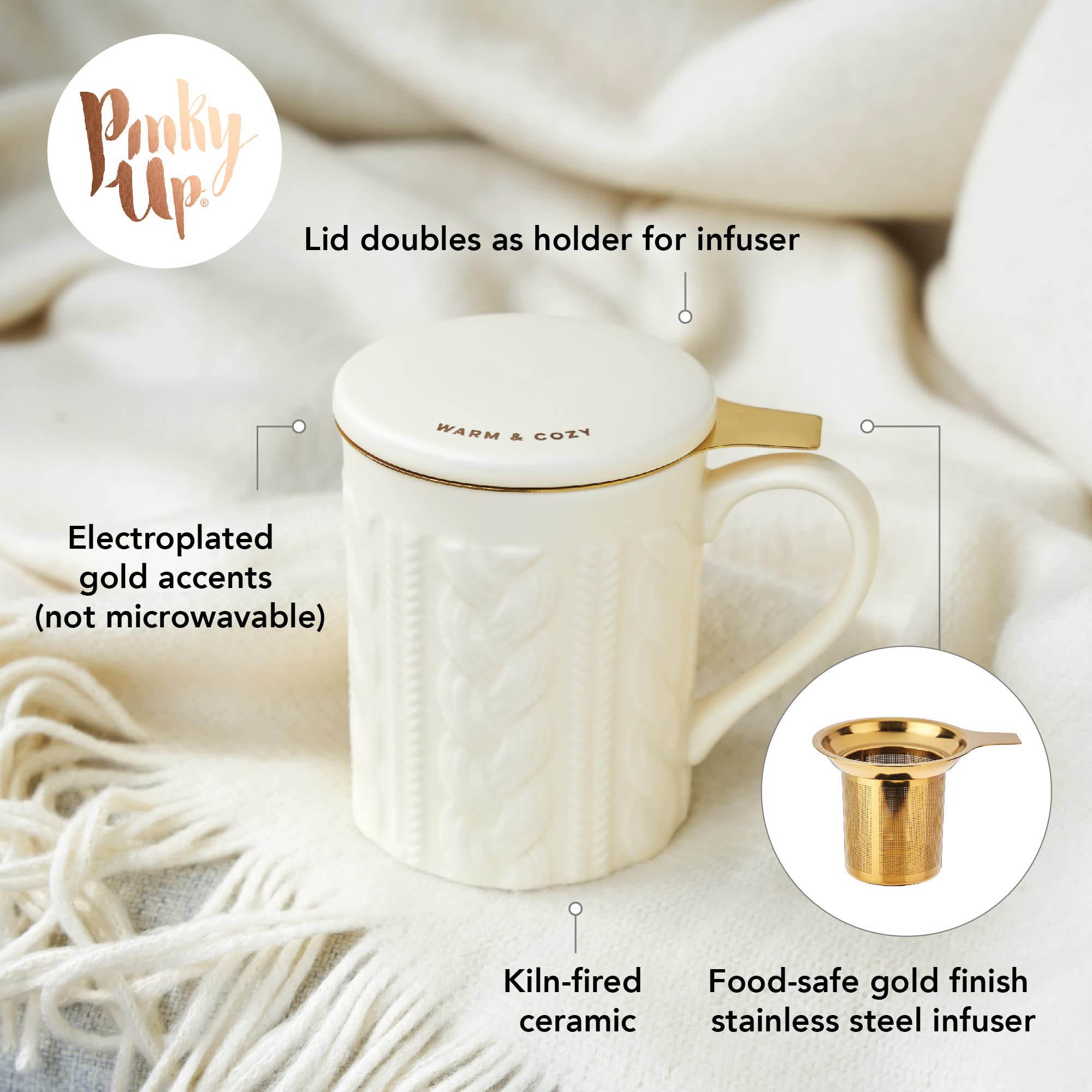 Pinky Up Annette Loose Leaf Tea Cup, Ceramic Travel Mug With Infuser And Lid, For Work, Office, Picnic, Camping, Outdoor Party,