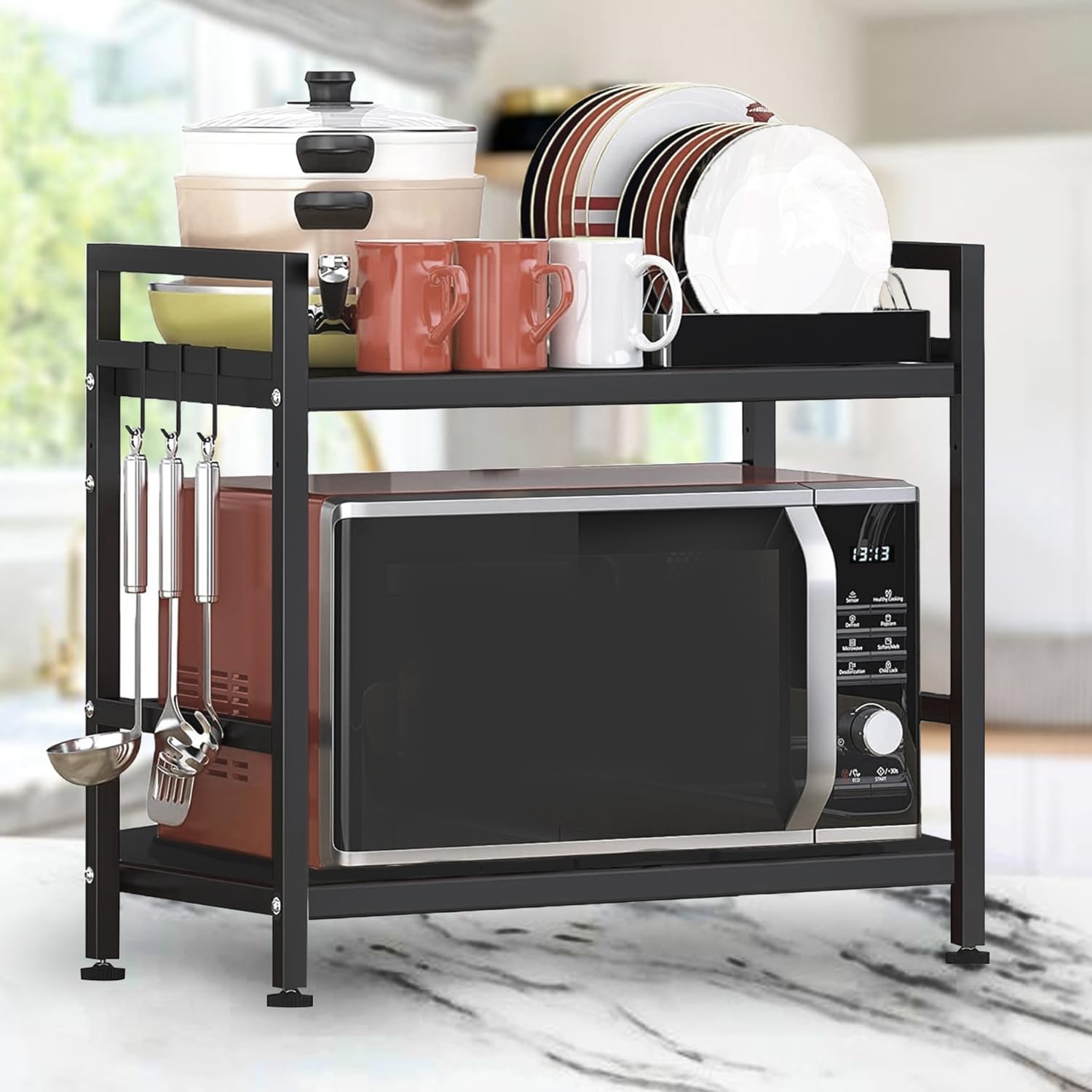 Zolmix Metal Microwave Stand | Microwave & Otg Stand For Kitchen Counter | Double Platform For Extra Storage With Hooks | Kitche