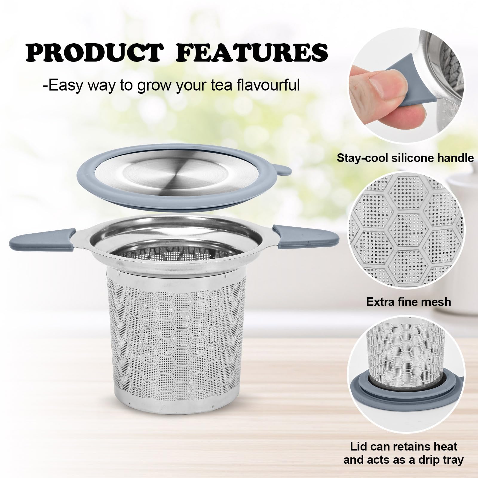 Tea Infuser For Loose Leaf Tea, Extra Fine 304 Stainless Steel Tea Strainer Stepper With Heat-Resistant Silicone Handles And Lid