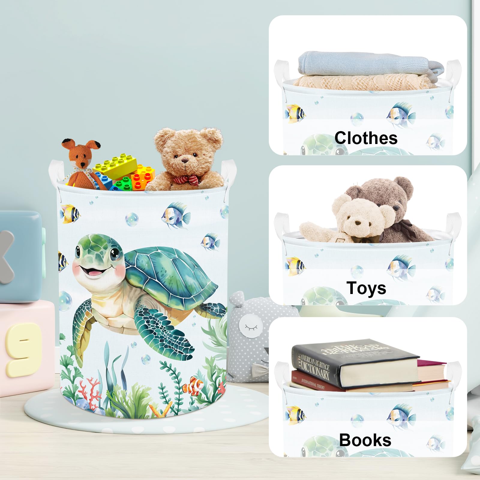 Clastyle Large Fish Sea Turtle Baby Basket Ocean Coral Seaweed Starfish Toy Book Shelf Basket Waterproof Pool Toy Beach Towel St