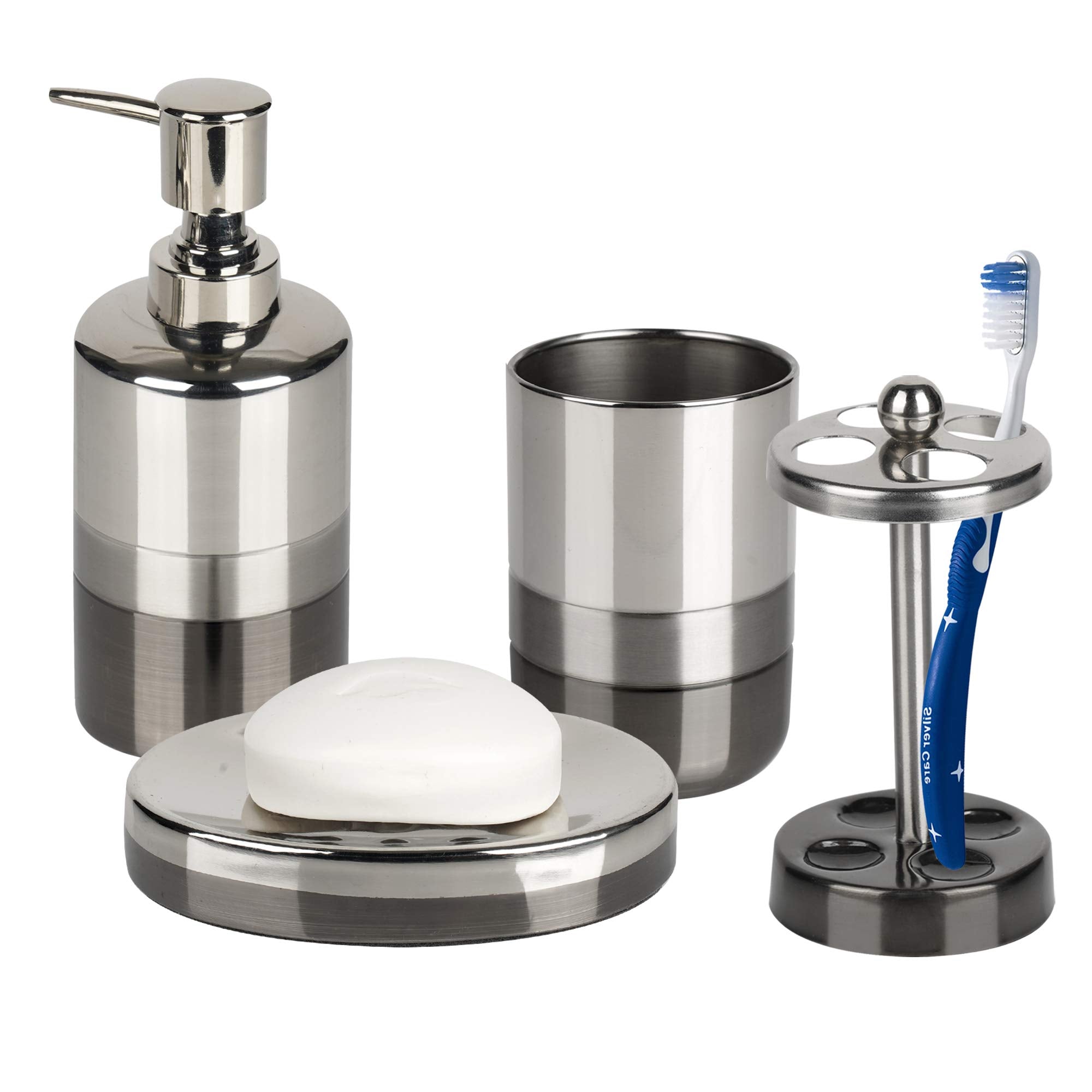 Nu Steel (Set Of 4 Triune Bath Accessory Set In 3-Tone Shiny Gray Stainless Steel For Bathrooms & Vanity Spaces