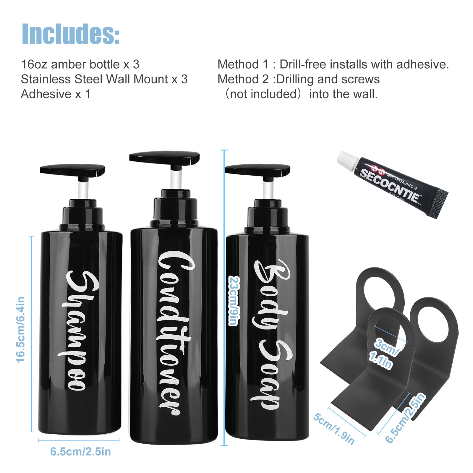 Aumio 16.9Oz Shampoo Dispenser For Shower Wall 3 Chamber, Drill Free Shampoo And Conditioner Dispenser Wall Mounted Shower Soap