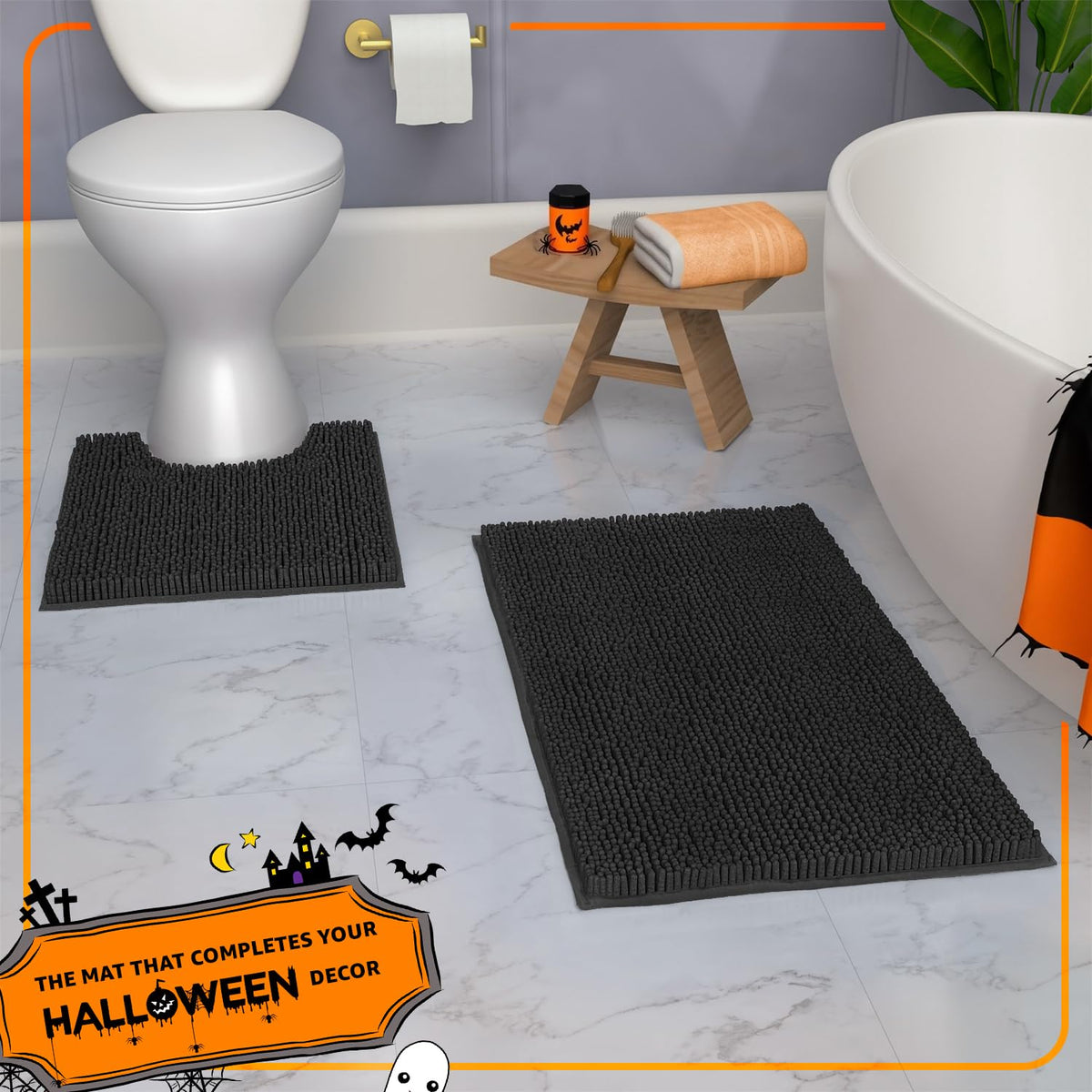 Black Bathroom Rugs Sets 2 Piece, Luxury Chenille Bath Mat Set, Soft Plush Anti-Slip Bath Rug + U-Shaped Toilet Mat. Microfiber