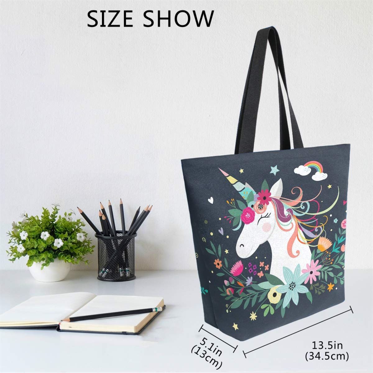 Naanle Floral Unicorn Canvas Tote Bag Large Women Casual Shoulder Bag Handbag, Fantasy Unicorn Reusable Multipurpose Heavy Duty